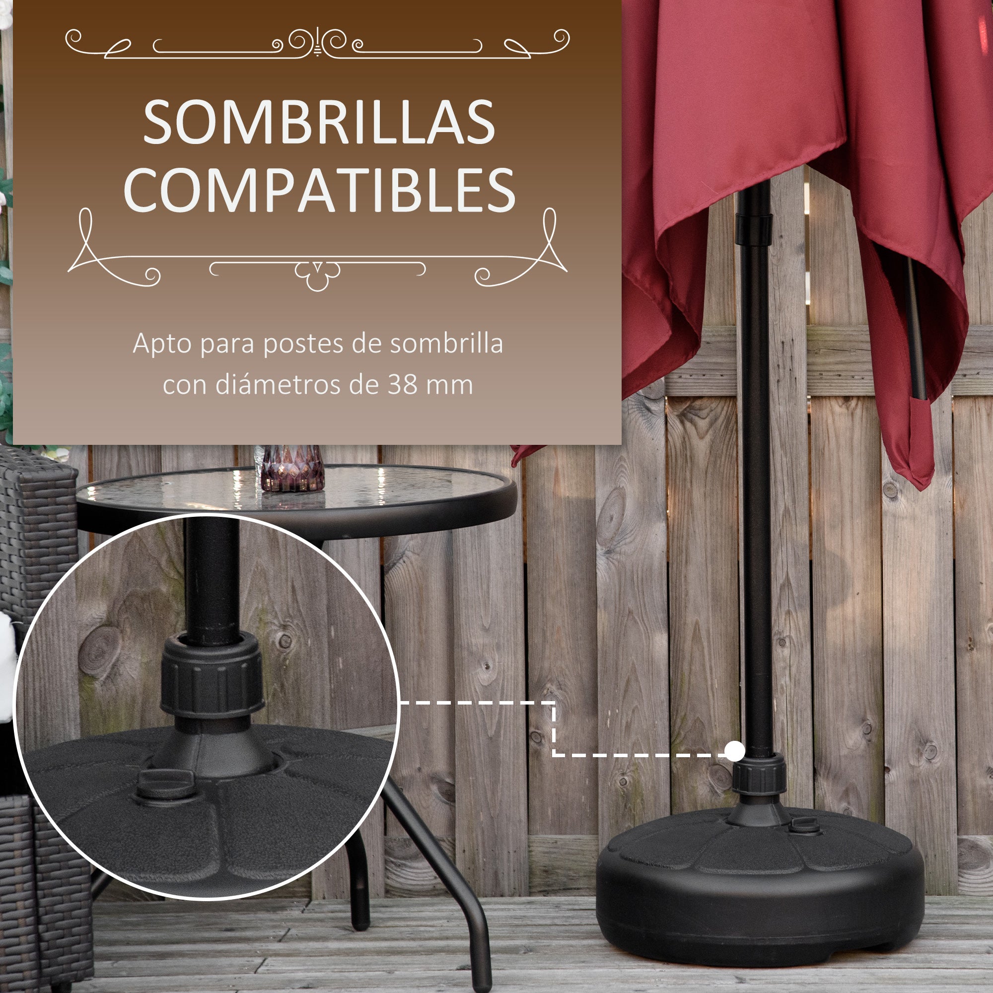 Outsunny Base de Sombrilla Rellenable de Agua 13 kg o Arena 19 kg Soporte de Parasol Redondo Apto Postes de Ø32-38 mm para Jardín Patio Terraza Ø38x21,5 cm Negro