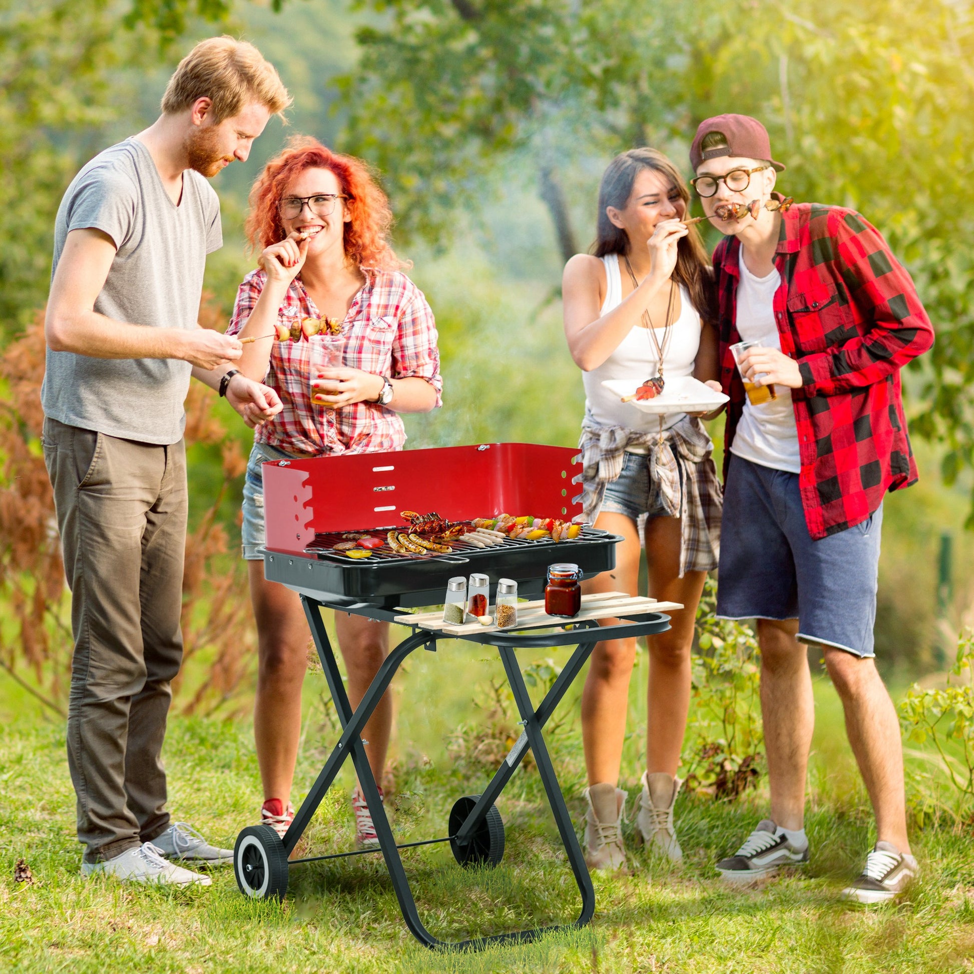 Outsunny Barbacoa de Carbón Plegable y Portátil con 2 Ruedas Parrilla con Altura Ajustable para Camping Picnic Playa 57x64x83 cm Rojo y Negro