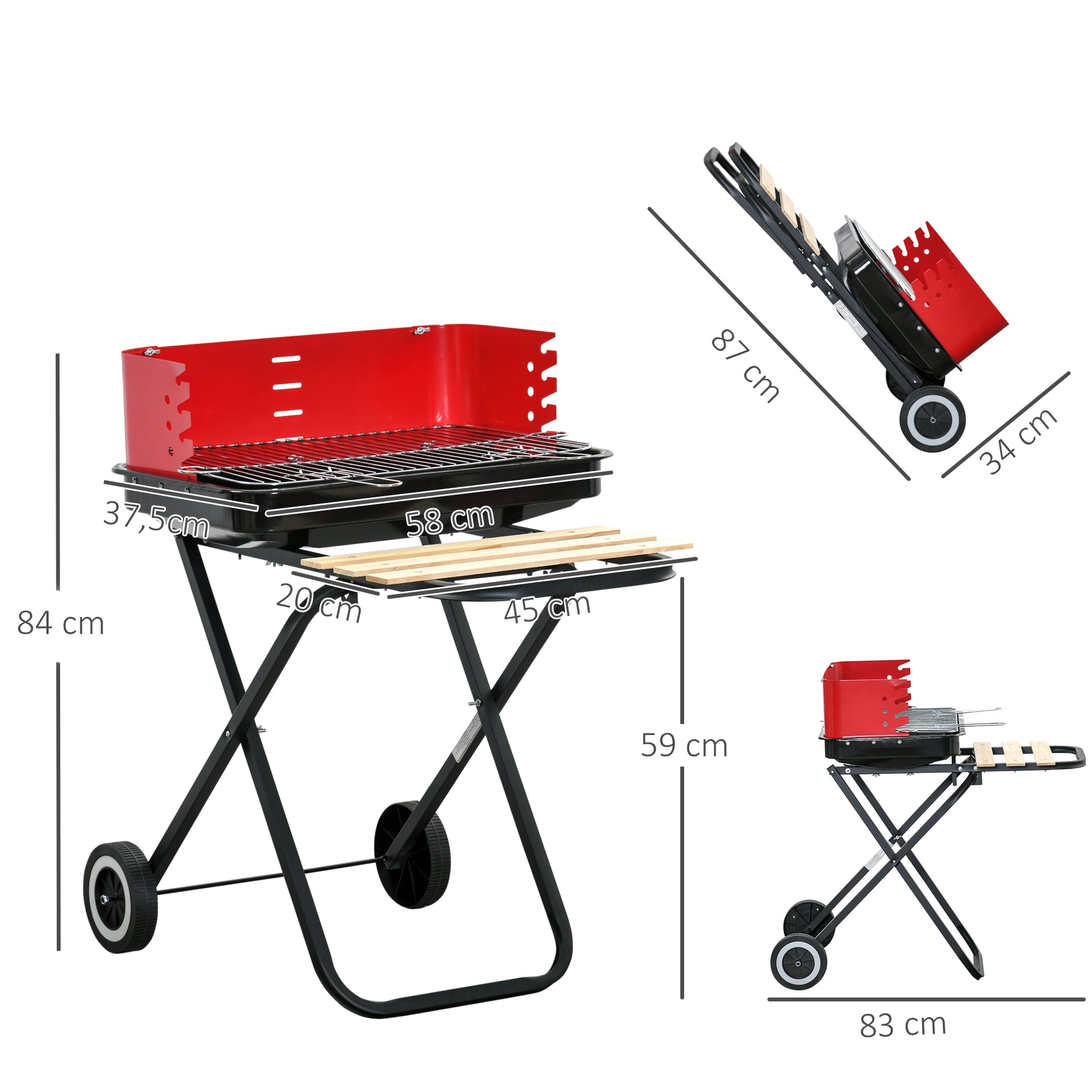 Outsunny Barbacoa de Carbón Plegable y Portátil con 2 Ruedas Parrilla con Altura Ajustable para Camping Picnic Playa 57x64x83 cm Rojo y Negro