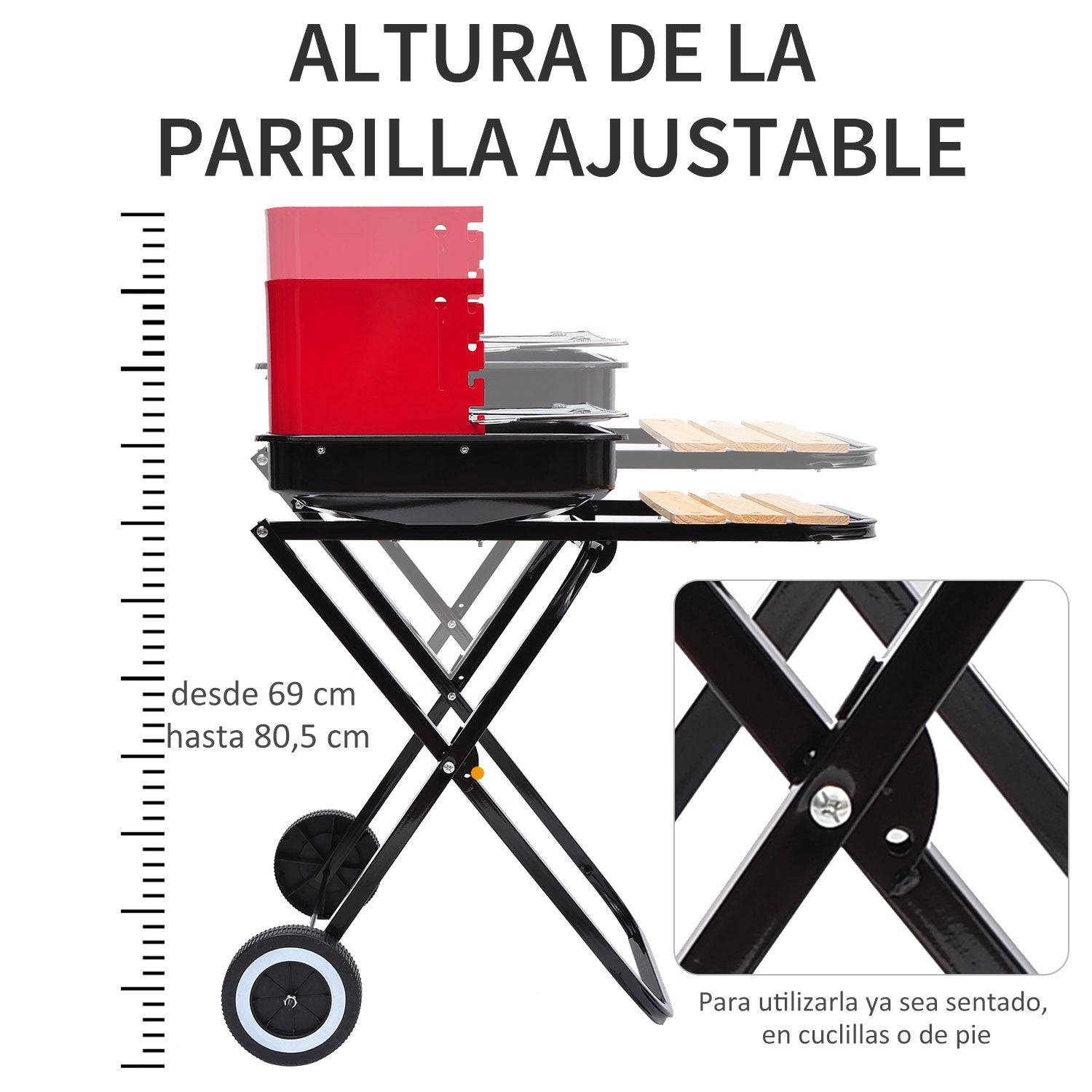 Outsunny Barbacoa de Carbón Plegable y Portátil con 2 Ruedas Parrilla con Altura Ajustable para Camping Picnic Playa 57x64x83 cm Rojo y Negro