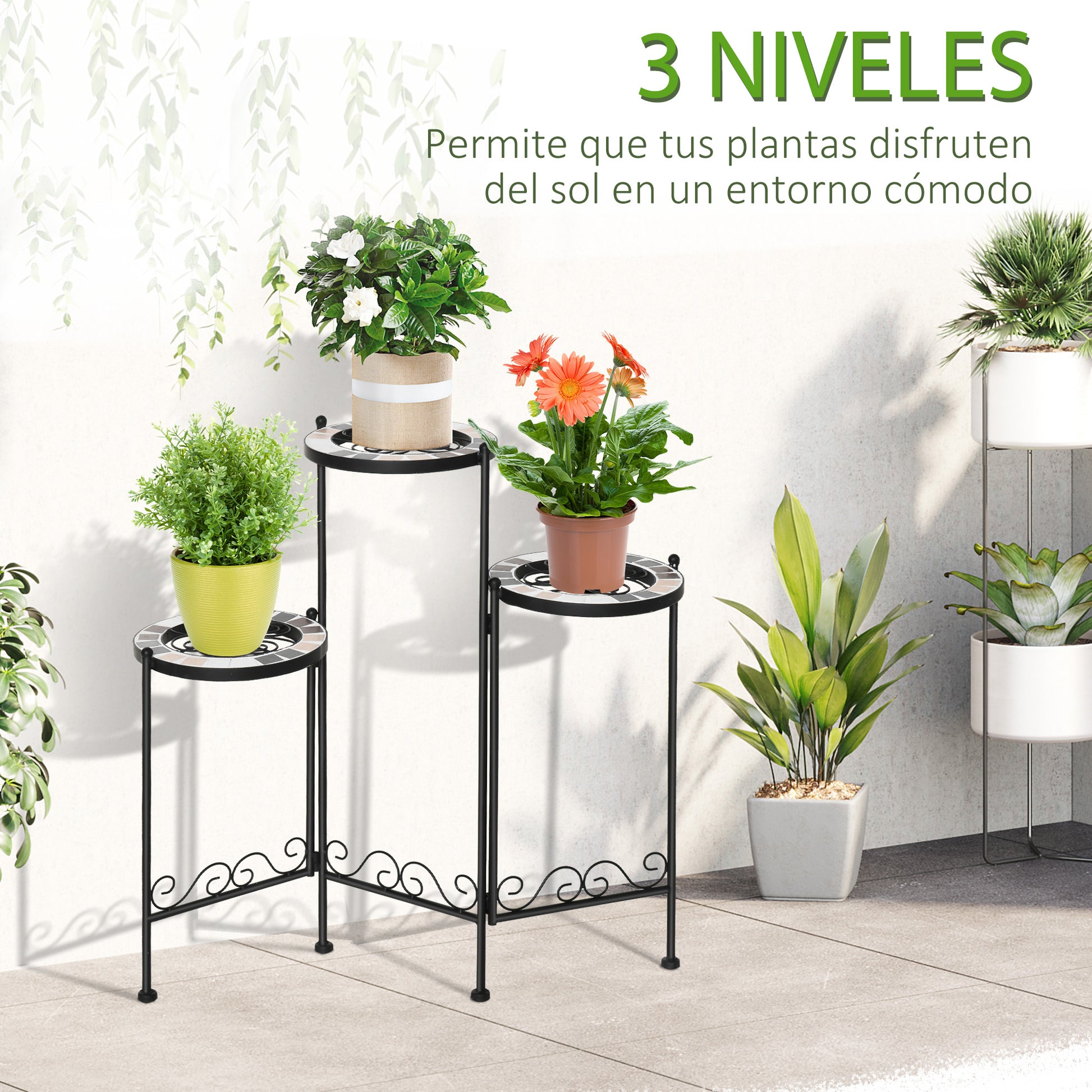 Outsunny Soporte para Plantas de Metal Mecetas Plegable Estantería para Flores con 3 Estantes y Bordes de Azulejo para Decoración Interiores y Exteriores 60x22x65 cm Negro