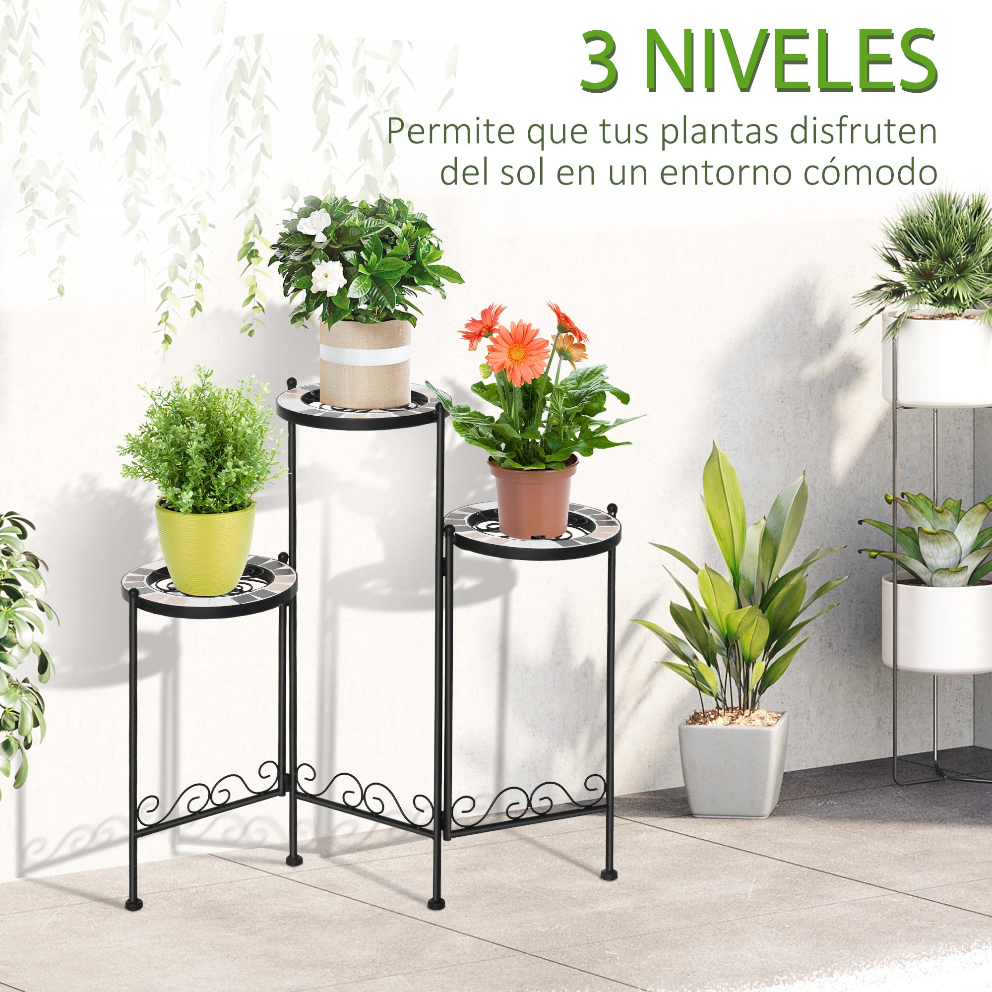 Outsunny Soporte para Plantas de Metal Mecetas Plegable Estantería para Flores con 3 Estantes y Bordes de Azulejo para Decoración Interiores y Exteriores 60x22x65 cm Negro