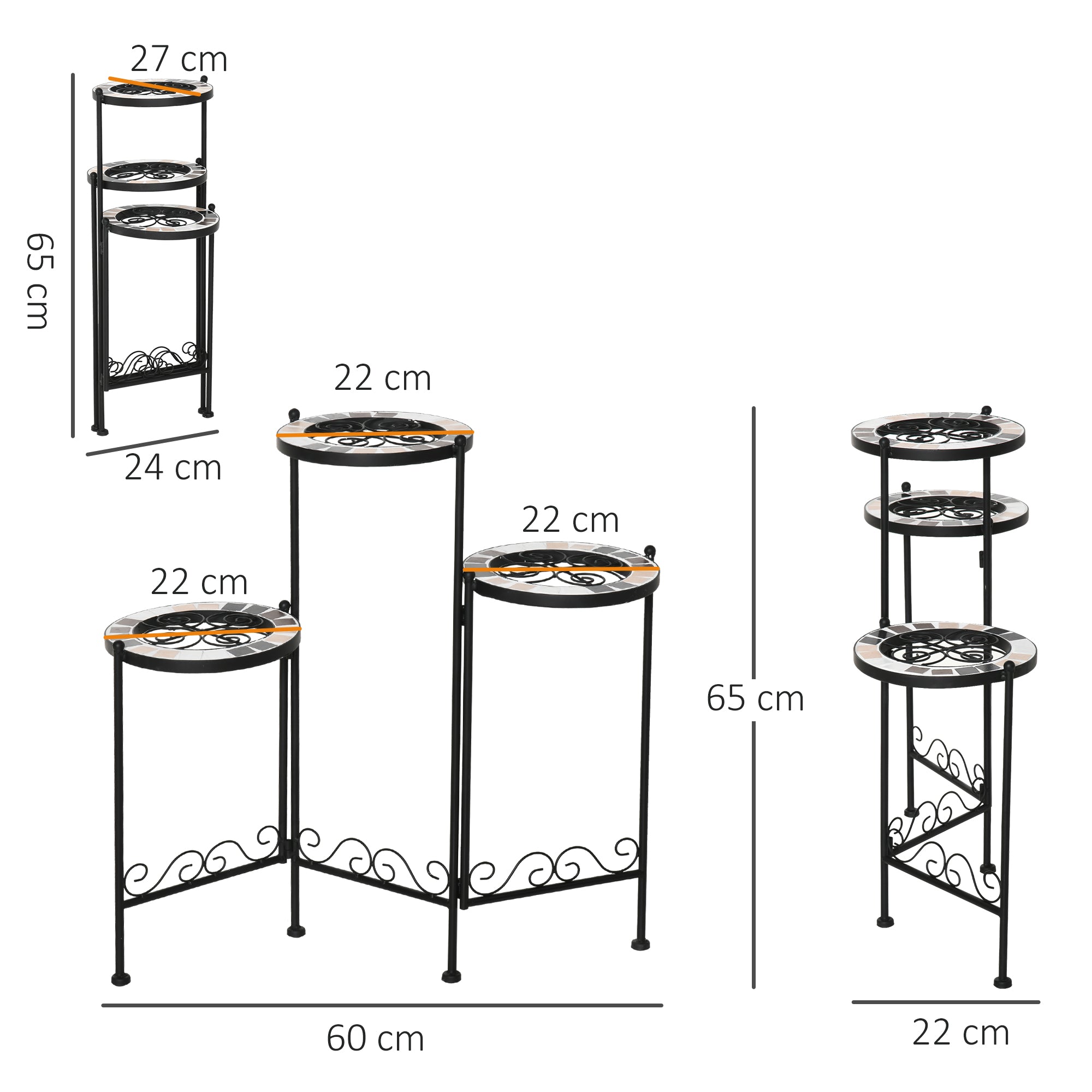 Outsunny Soporte para Plantas de Metal Mecetas Plegable Estantería para Flores con 3 Estantes y Bordes de Azulejo para Decoración Interiores y Exteriores 60x22x65 cm Negro