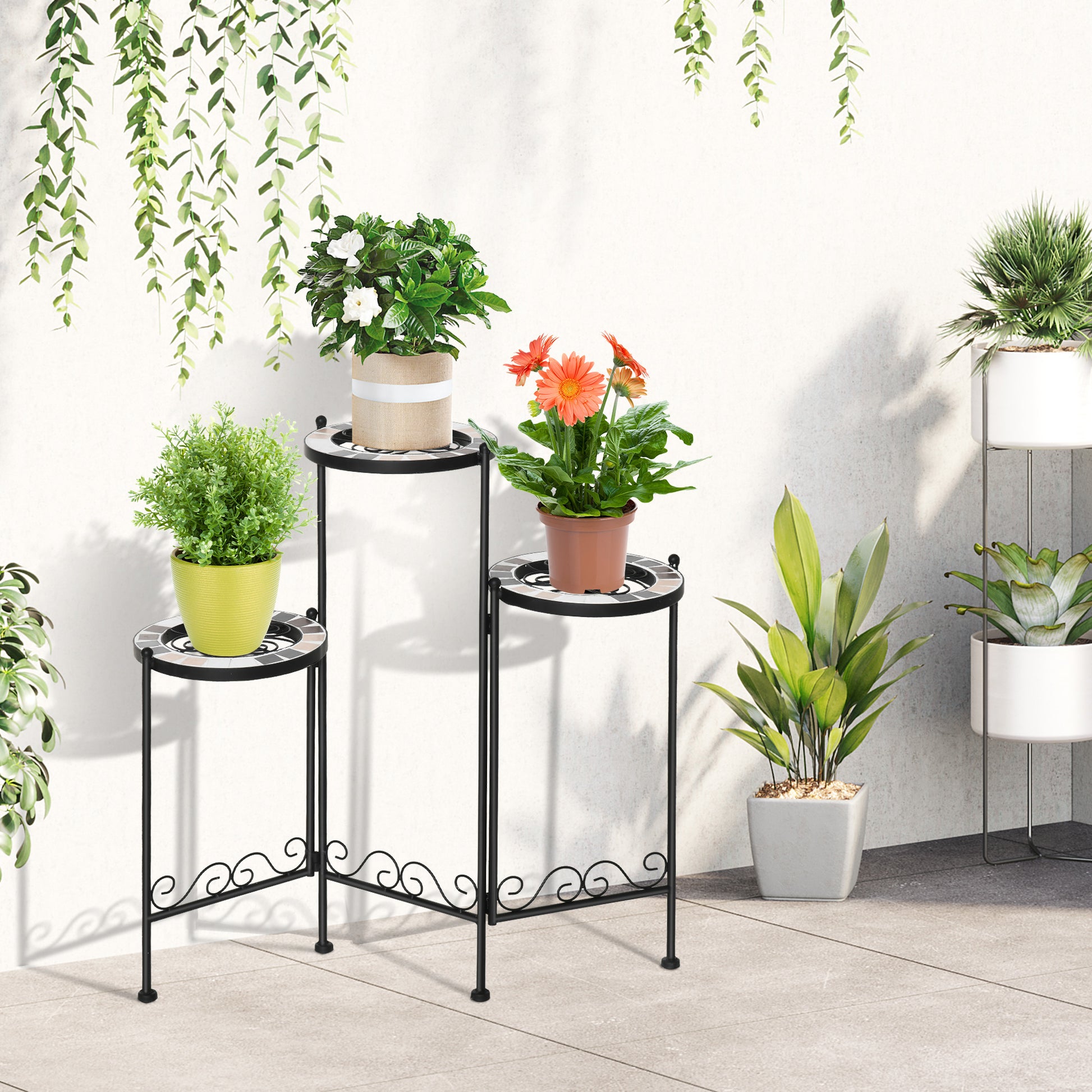 Outsunny Soporte para Plantas de Metal Mecetas Plegable Estantería para Flores con 3 Estantes y Bordes de Azulejo para Decoración Interiores y Exteriores 60x22x65 cm Negro