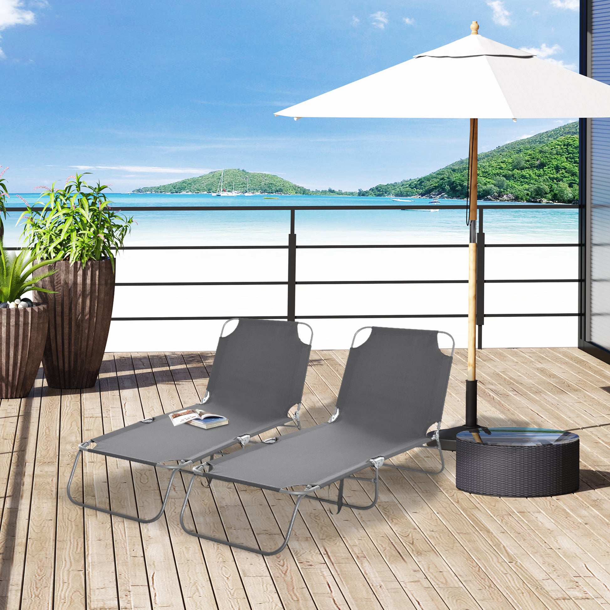 Outsunny Conjunto de 2 Tumbonas Plegables Tumbonas de Jardín con Respaldo Ajustable en 5 Posiciones Carga 120 kg para Terraza Piscina Playa 187x55x24 cm Gris