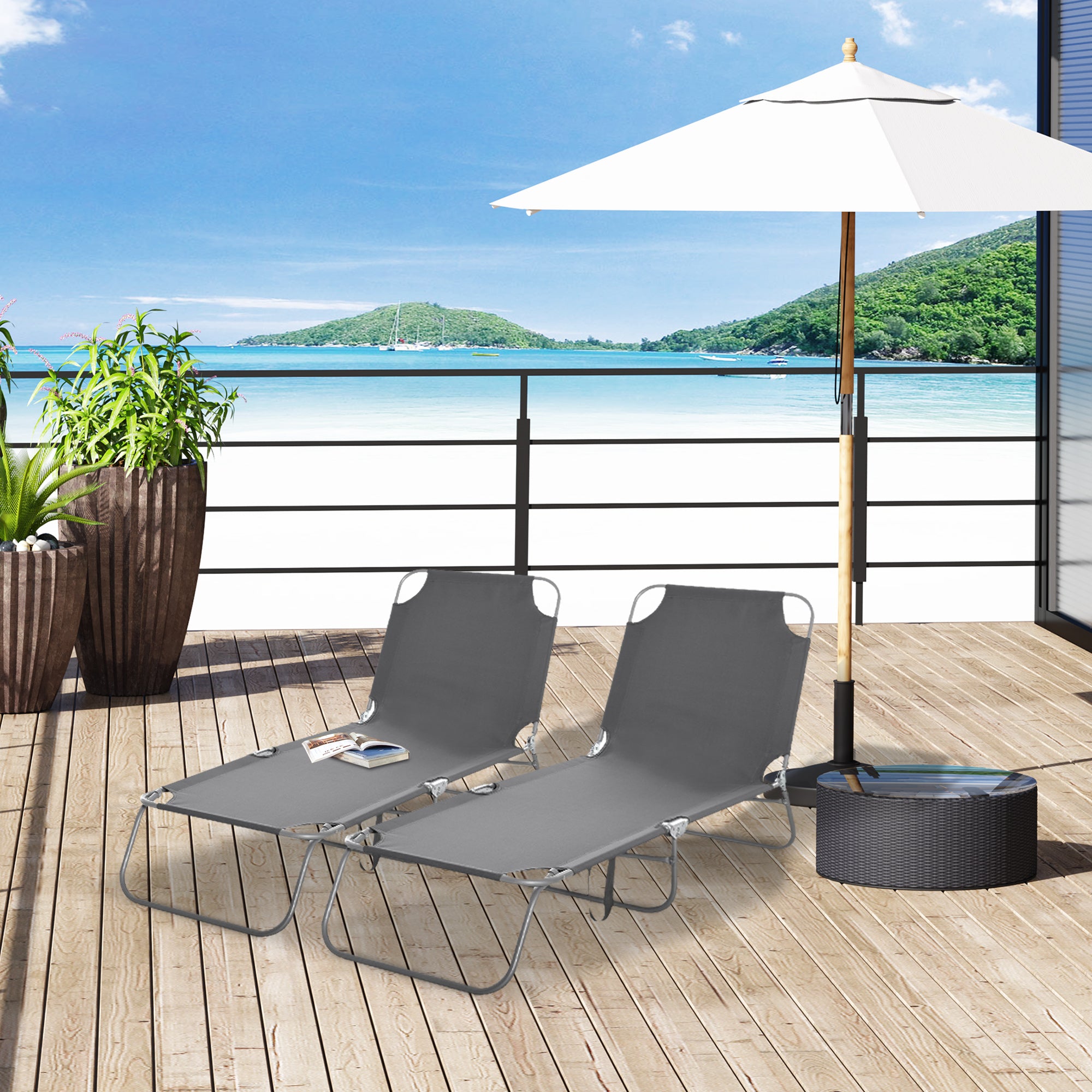 Outsunny Conjunto de 2 Tumbonas Plegables Tumbonas de Jardín con Respaldo Ajustable en 5 Posiciones Carga 120 kg para Terraza Piscina Playa 187x55x24 cm Gris