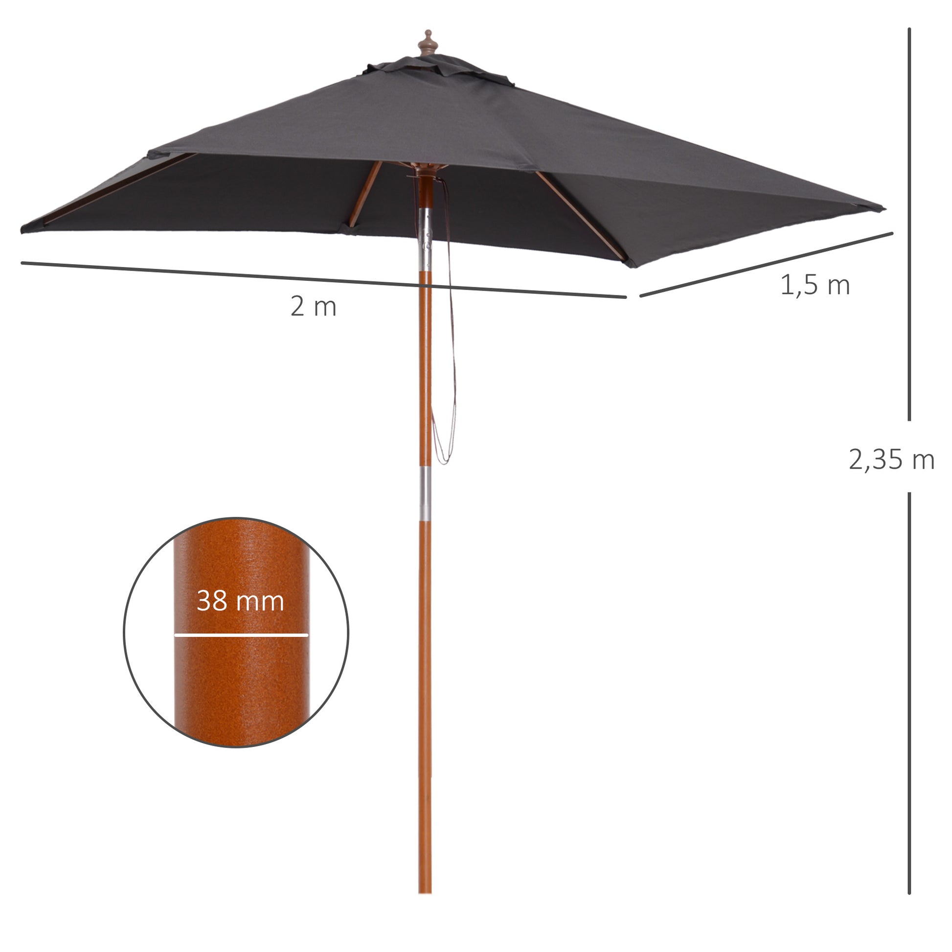 Outsunny Sombrilla Terraza Exterior 200x150 cm Sombrilla de Jardín Rectangular con Ángulo Ajustable Mástil de Madera y Manivela Parasol para Patio Terraza Gris Oscuro