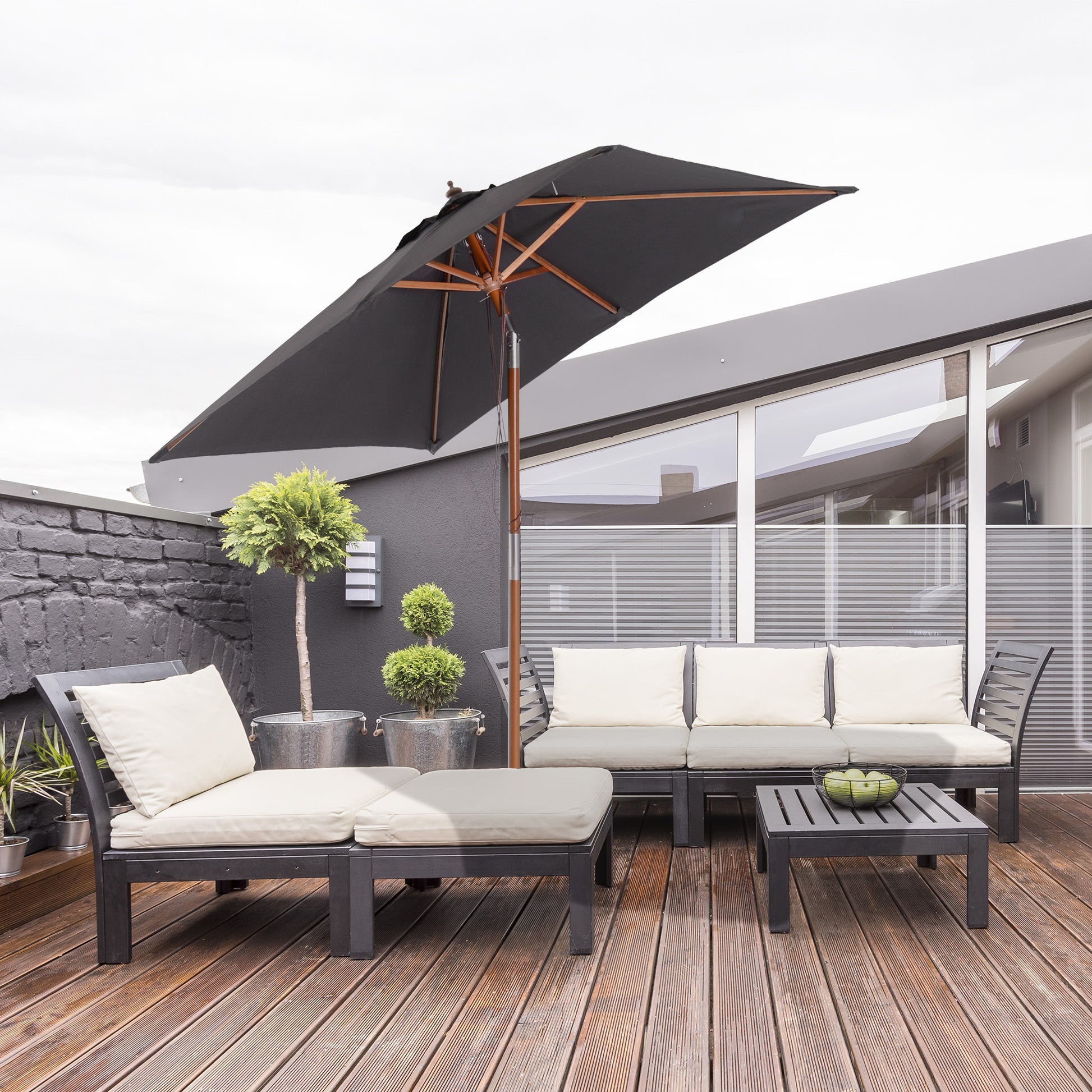 Outsunny Sombrilla Terraza Exterior 200x150 cm Sombrilla de Jardín Rectangular con Ángulo Ajustable Mástil de Madera y Manivela Parasol para Patio Terraza Gris Oscuro
