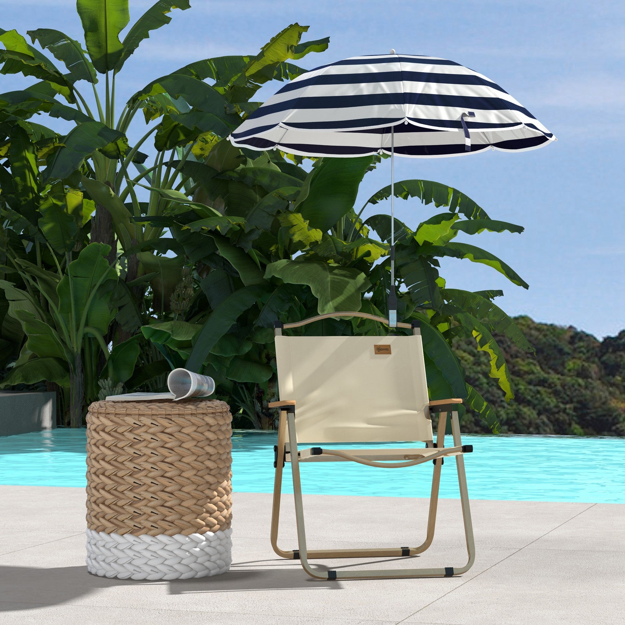 Outsunny Sombrilla Playa para Silla Ø103x97,5 cm Parasol para Terraza con Abrazadera Techo Ajustable Apertura Manual Anti-UV Impermeable Azul y Blanco