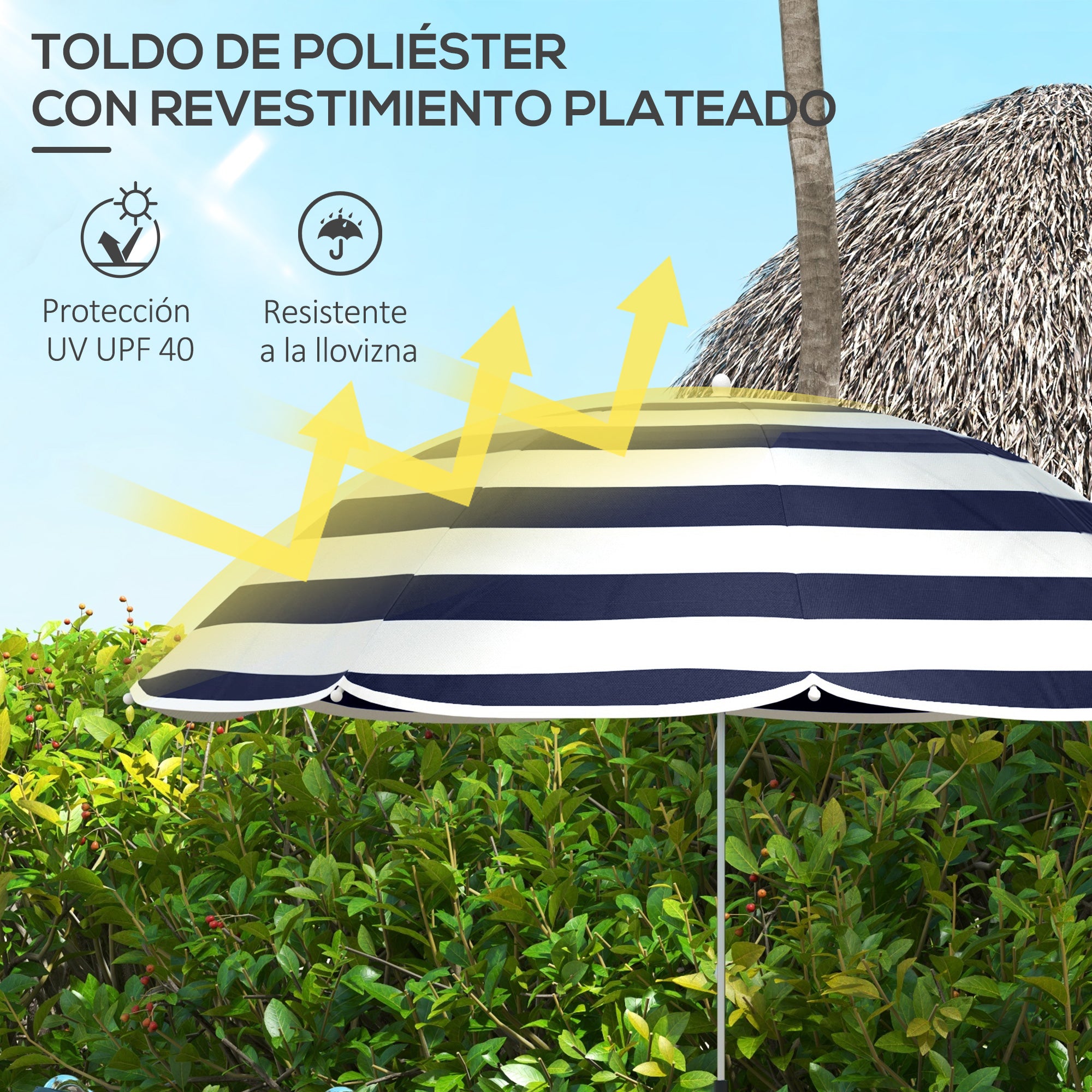 Outsunny Sombrilla Playa para Silla Ø103x97,5 cm Parasol para Terraza con Abrazadera Techo Ajustable Apertura Manual Anti-UV Impermeable Azul y Blanco