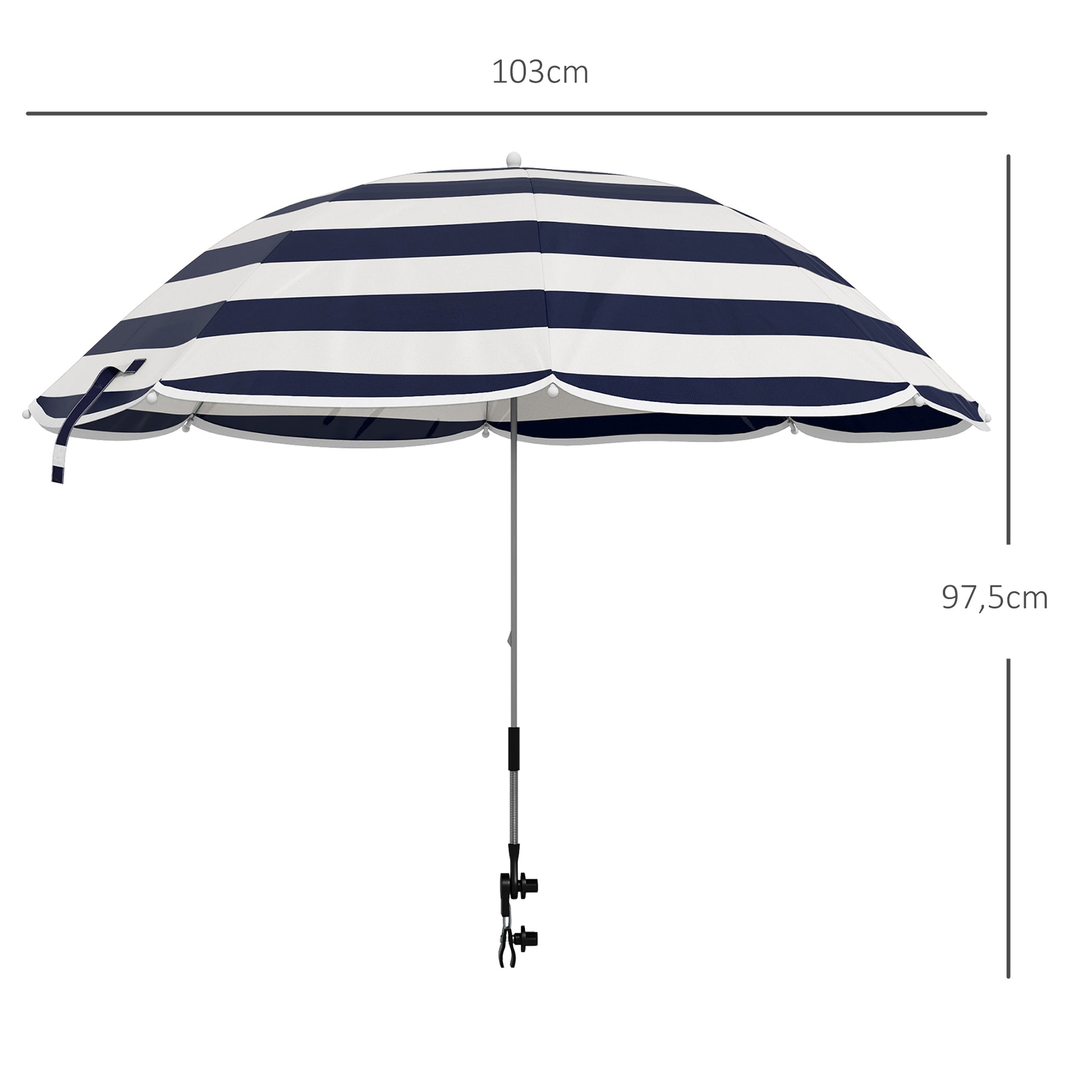 Outsunny Sombrilla Playa para Silla Ø103x97,5 cm Parasol para Terraza con Abrazadera Techo Ajustable Apertura Manual Anti-UV Impermeable Azul y Blanco