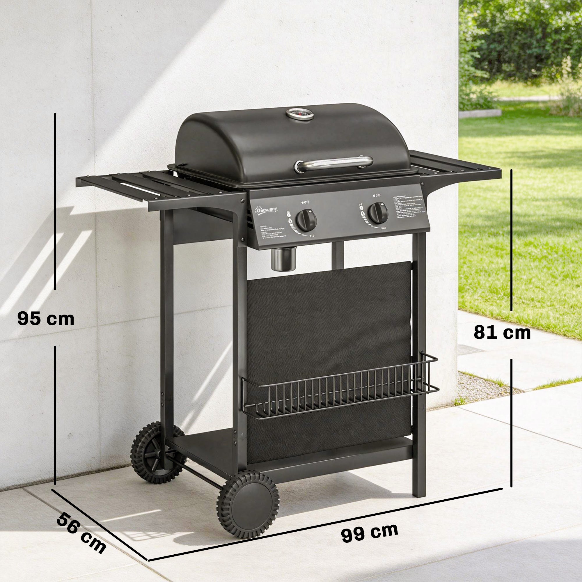 Outsunny Barbacoa de Gas BBQ Gas con 2 Quemadores 5 kW, Barbacoa Portátil con Termómetro, Mesas Laterales, Estante, Rejilla Calentadora, Encendido Piezoeléctrico, Bandeja de Grasa y 2 Ruedas, Negro