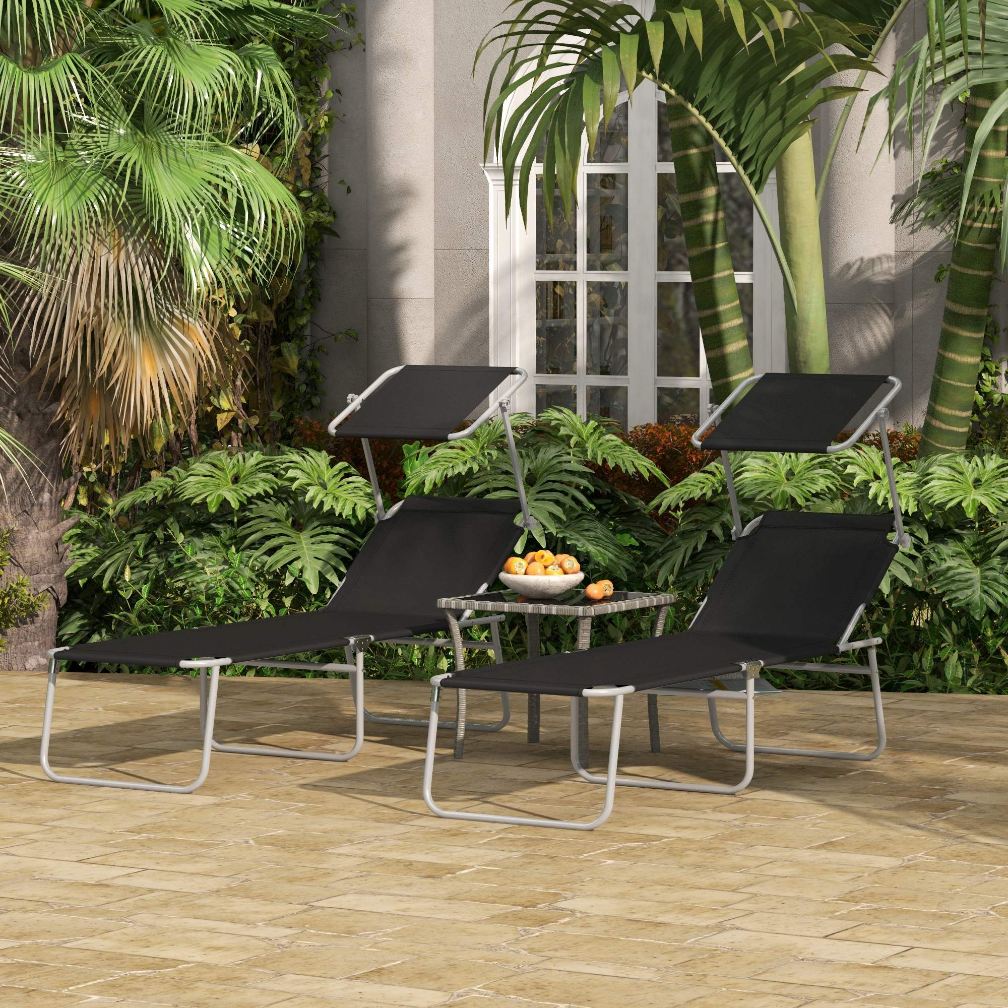 Outsunny Conjunto de 2 Tumbonas Plegables Tumbonas de Jardín con Toldo Desmontable y Ajustable Respaldo Regulable en 4 Niveles Carga 120 kg para Playa Terraza 187x58x36 cm Negro