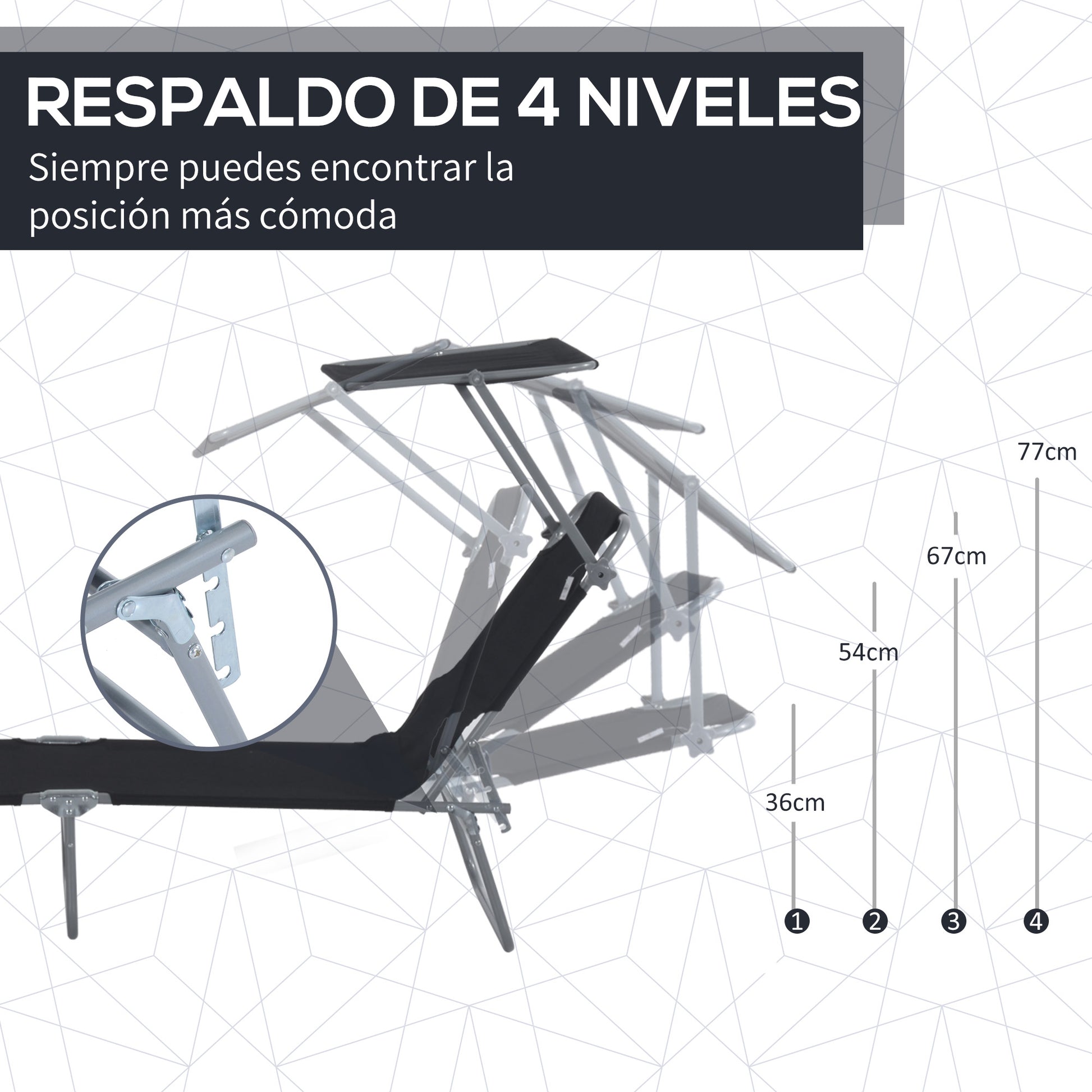 Outsunny Conjunto de 2 Tumbonas Plegables Tumbonas de Jardín con Toldo Desmontable y Ajustable Respaldo Regulable en 4 Niveles Carga 120 kg para Playa Terraza 187x58x36 cm Negro