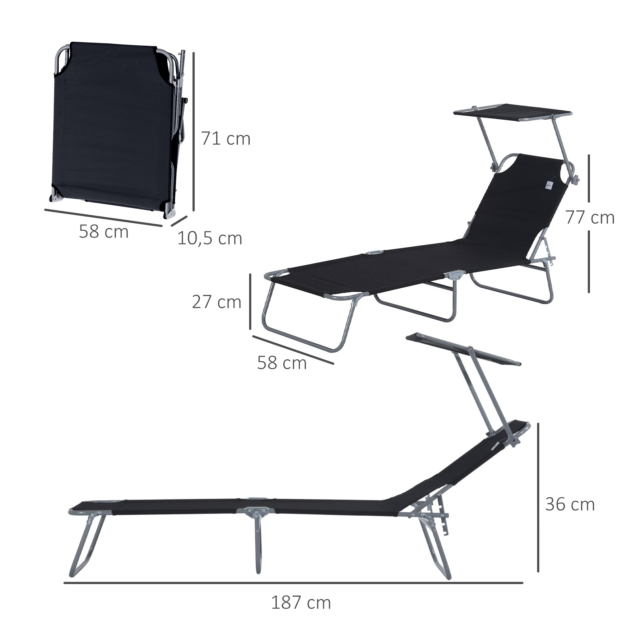 Outsunny Conjunto de 2 Tumbonas Plegables Tumbonas de Jardín con Toldo Desmontable y Ajustable Respaldo Regulable en 4 Niveles Carga 120 kg para Playa Terraza 187x58x36 cm Negro