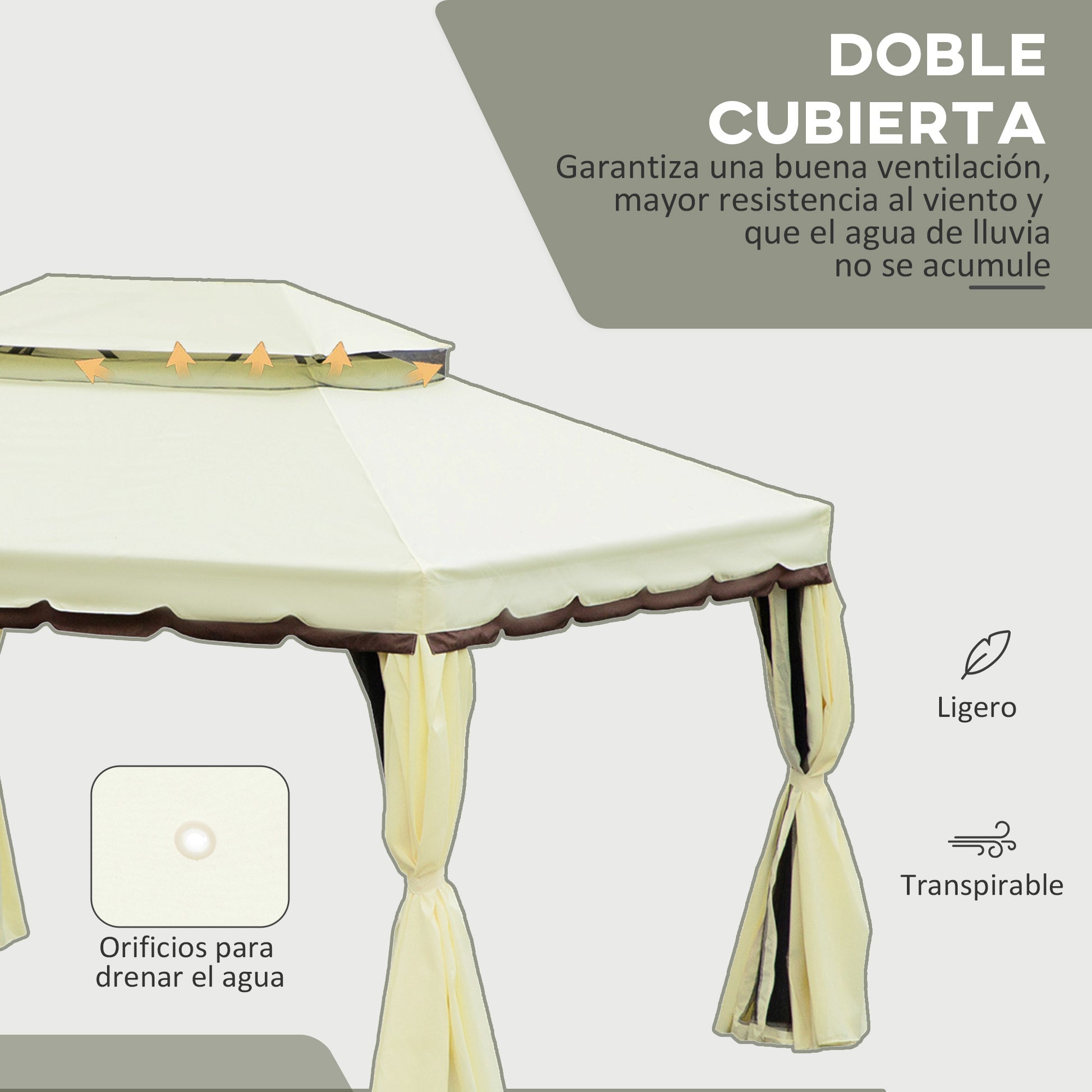 Outsunny Cenador para Jardín de Aluminio 4x3 m Pérgola de Jardín Gazebo con Doble Techo de Ventilación Paredes Laterales Anti-UV Mosquiteras Carpa para Exterior Terraza Patio Crema