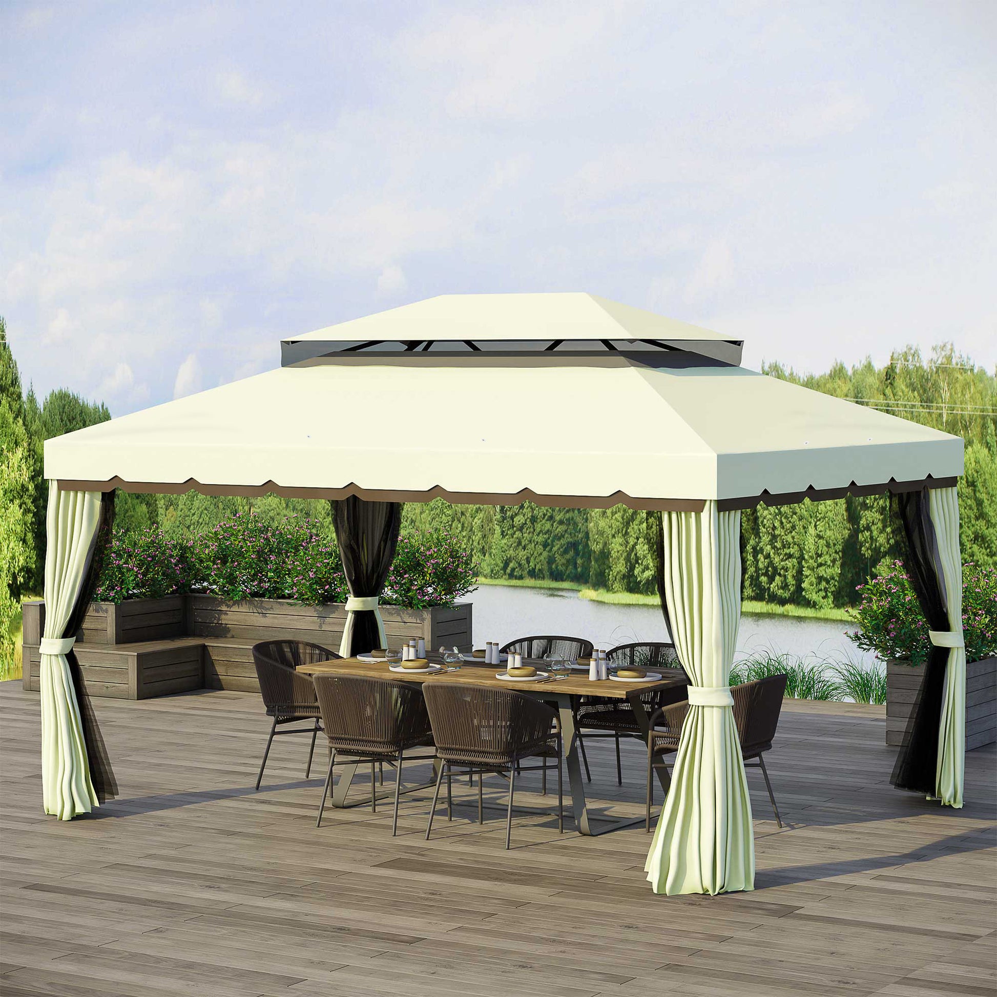 Outsunny Cenador para Jardín de Aluminio 4x3 m Pérgola de Jardín Gazebo con Doble Techo de Ventilación Paredes Laterales Anti-UV Mosquiteras Carpa para Exterior Terraza Patio Crema