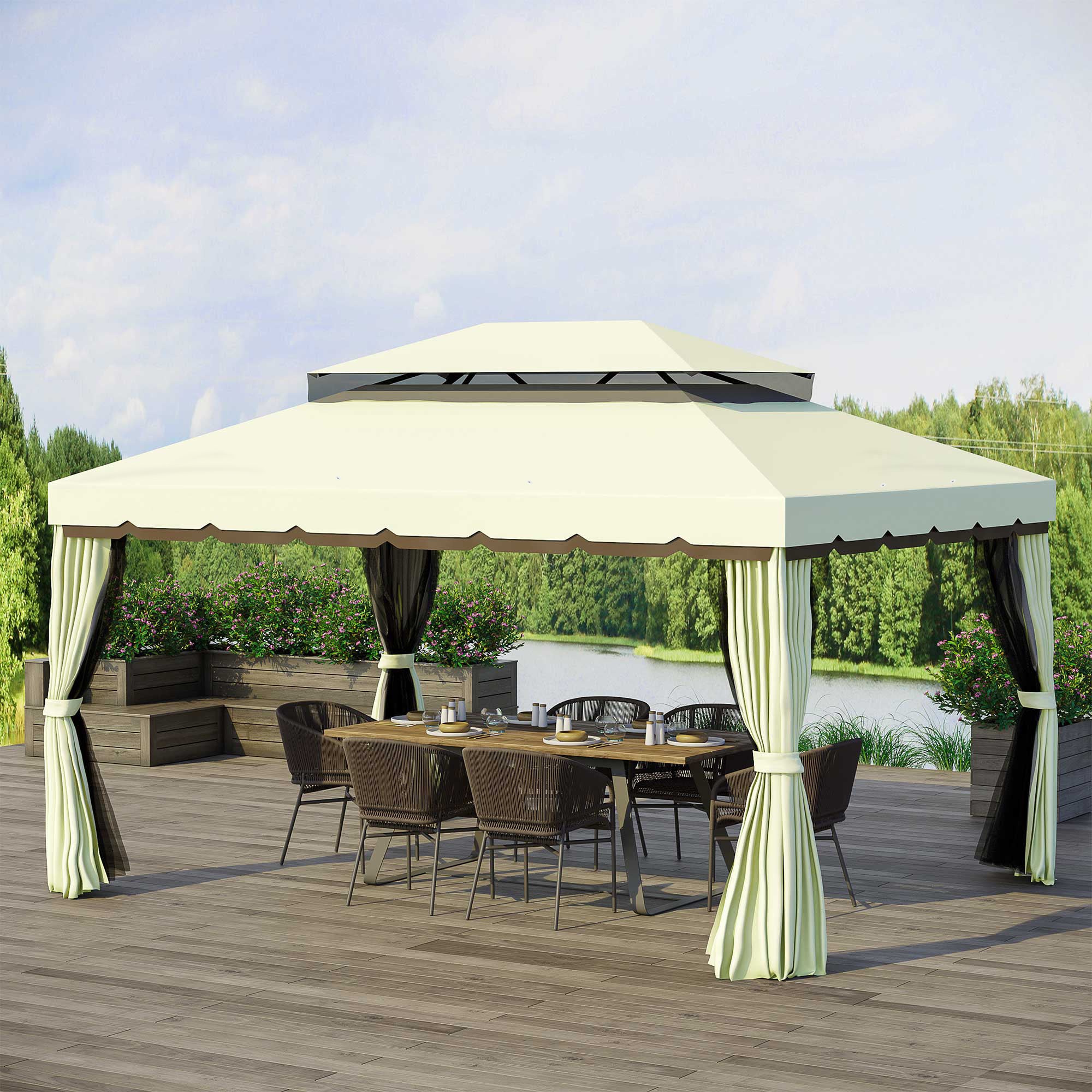 Outsunny Cenador para Jardín de Aluminio 4x3 m Pérgola de Jardín Gazebo con Doble Techo de Ventilación Paredes Laterales Anti-UV Mosquiteras Carpa para Exterior Terraza Patio Crema