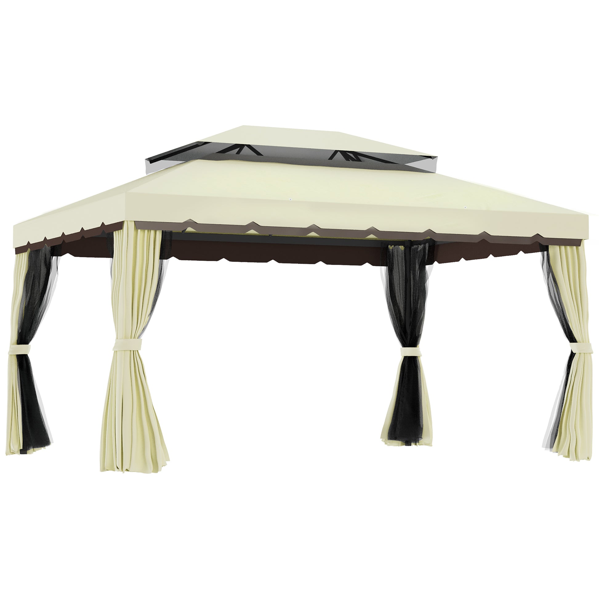 Outsunny Cenador para Jardín de Aluminio 4x3 m Pérgola de Jardín Gazebo con Doble Techo de Ventilación Paredes Laterales Anti-UV Mosquiteras Carpa para Exterior Terraza Patio Crema