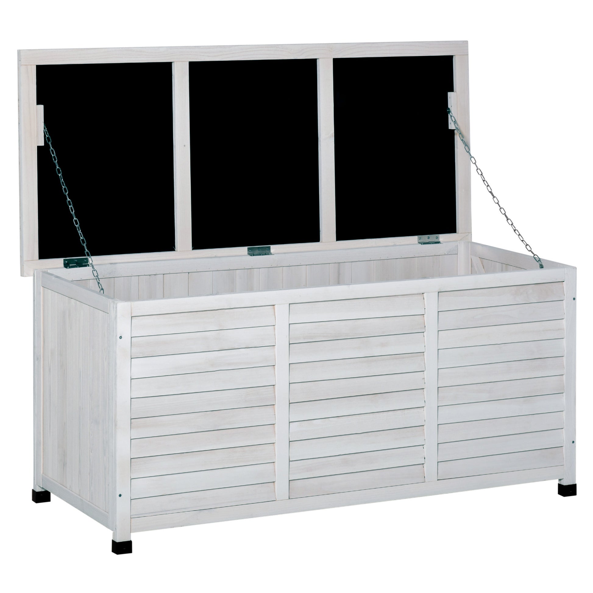 Outsunny Baúl de Almacenaje Exterior 284L Arcón de Jardín de Madera Impermeable con Tapa Abrible y Diseño Persiana 127x56x60 cm Blanco