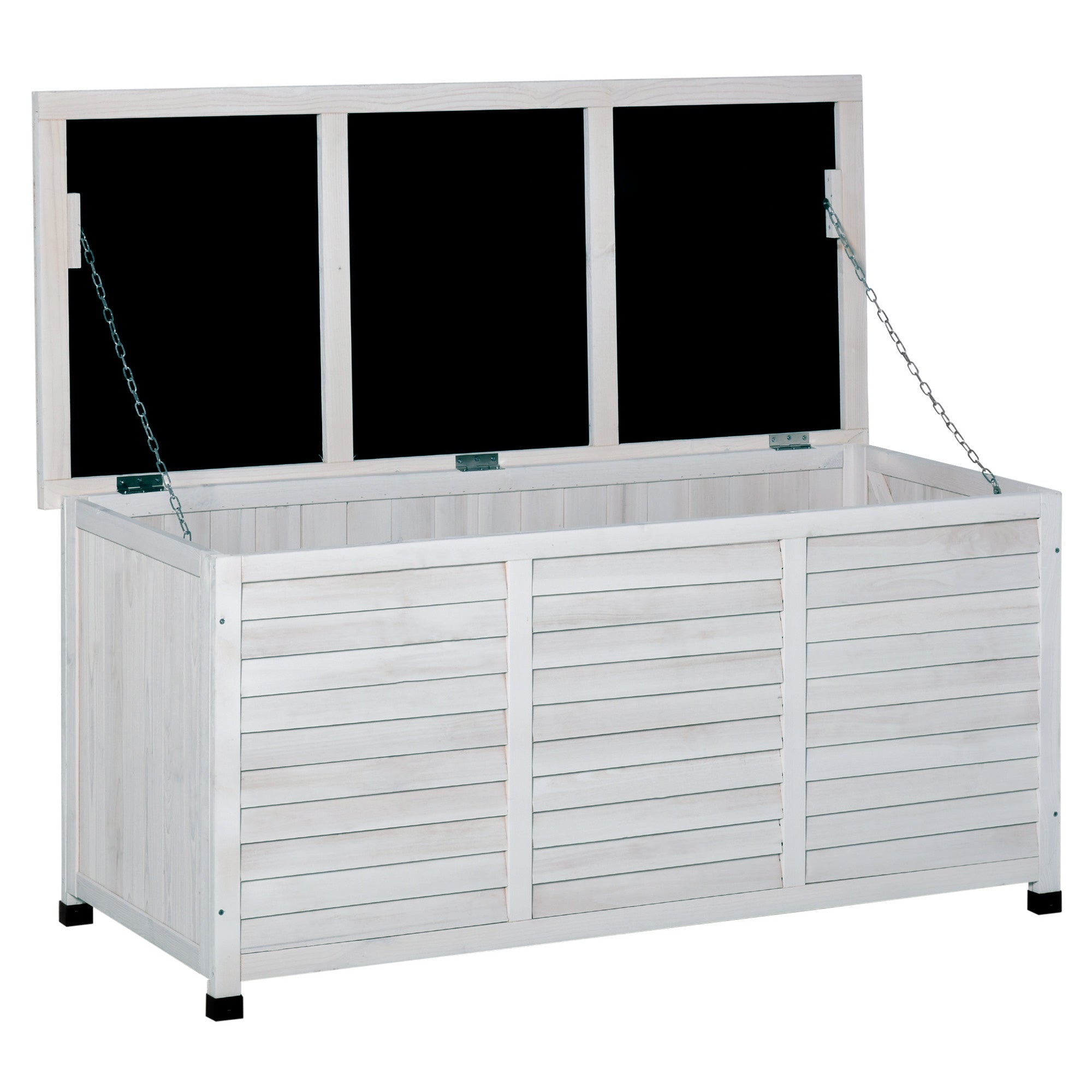 Outsunny Baúl de Almacenaje Exterior 284L Arcón de Jardín de Madera Impermeable con Tapa Abrible y Diseño Persiana 127x56x60 cm Blanco
