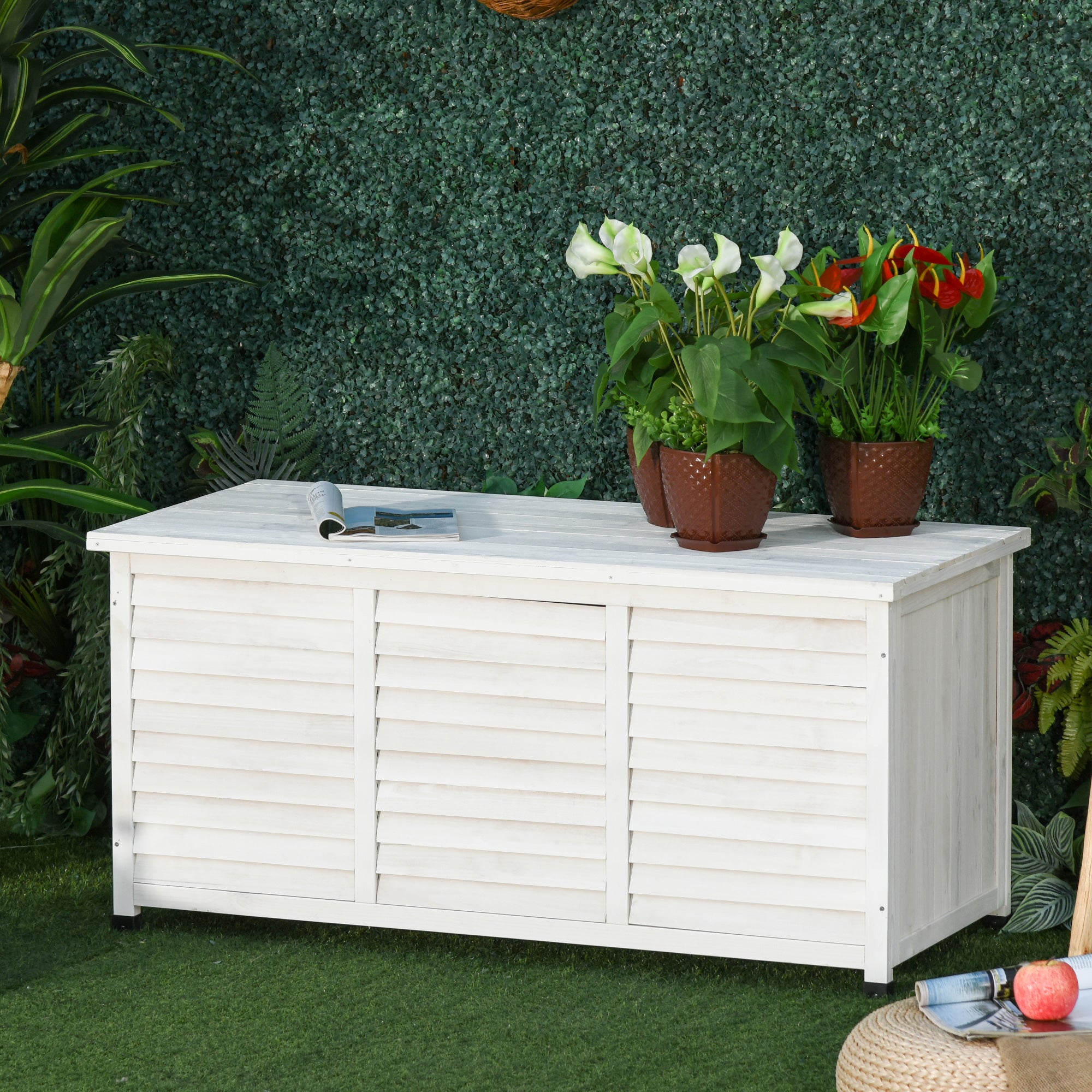 Outsunny Baúl de Almacenaje Exterior 284L Arcón de Jardín de Madera Impermeable con Tapa Abrible y Diseño Persiana 127x56x60 cm Blanco
