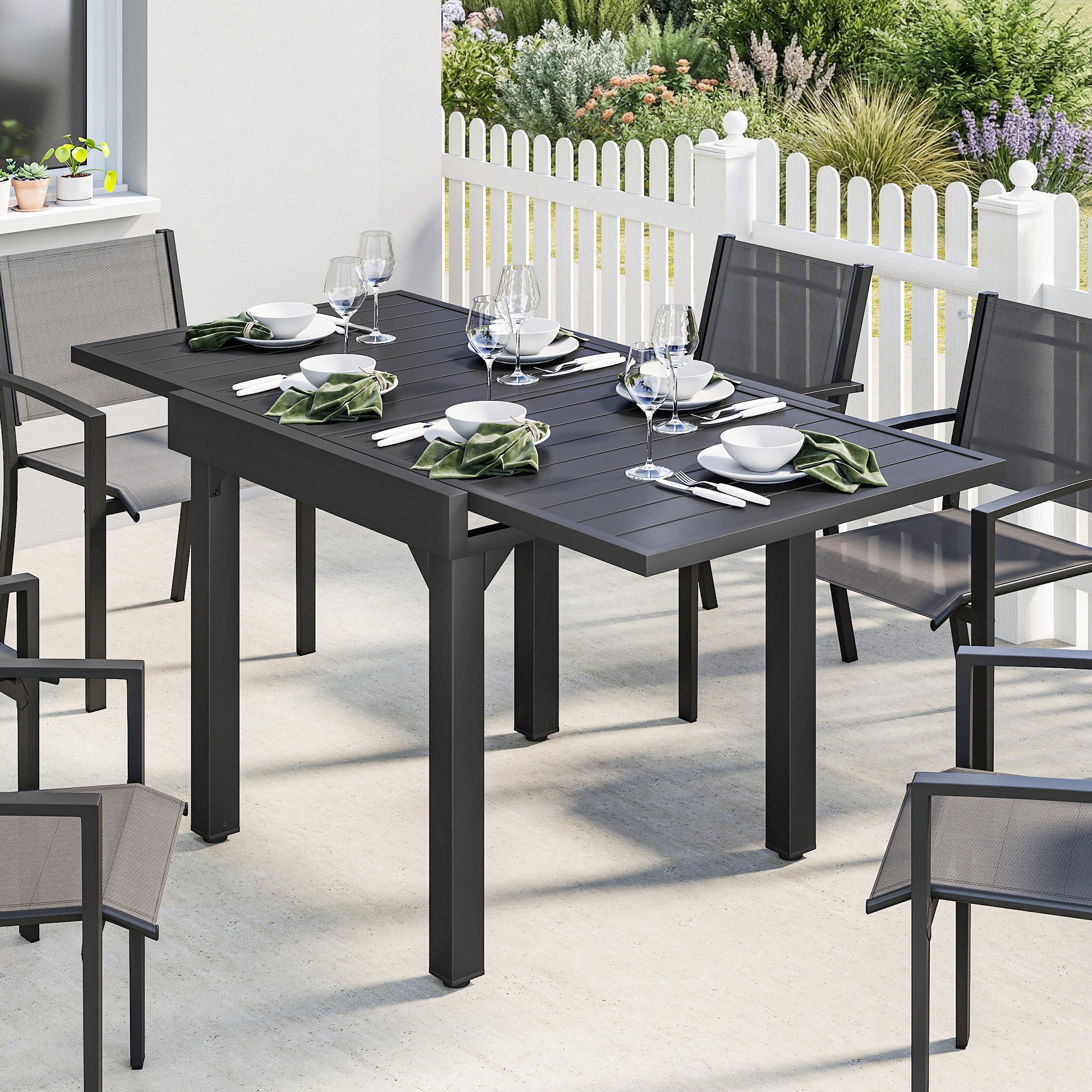 Outsunny Mesa de Jardín Extensible, Mesa de Comedor Exterior Extensible 80/160x80 cm, de Aluminio, con Superficie de Lamas, Carga 70 kg, Mesita Rectangular para 4-6 Personas, para Patio, Terraza, Negro