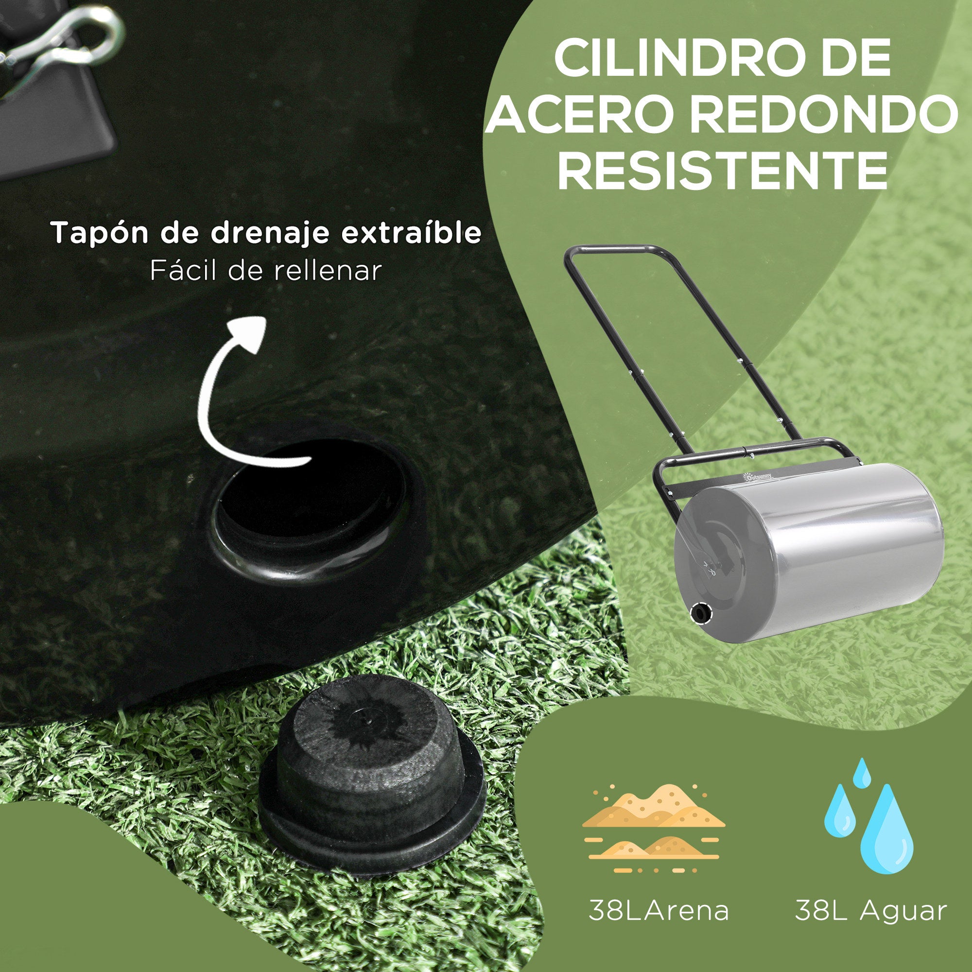 Outsunny Rodillo para Césped Ancho 58cm Ø32cm Rodillo de Césped de 38L Relleno de Arena o Agua con Mango en U para Jardín Granja Negro