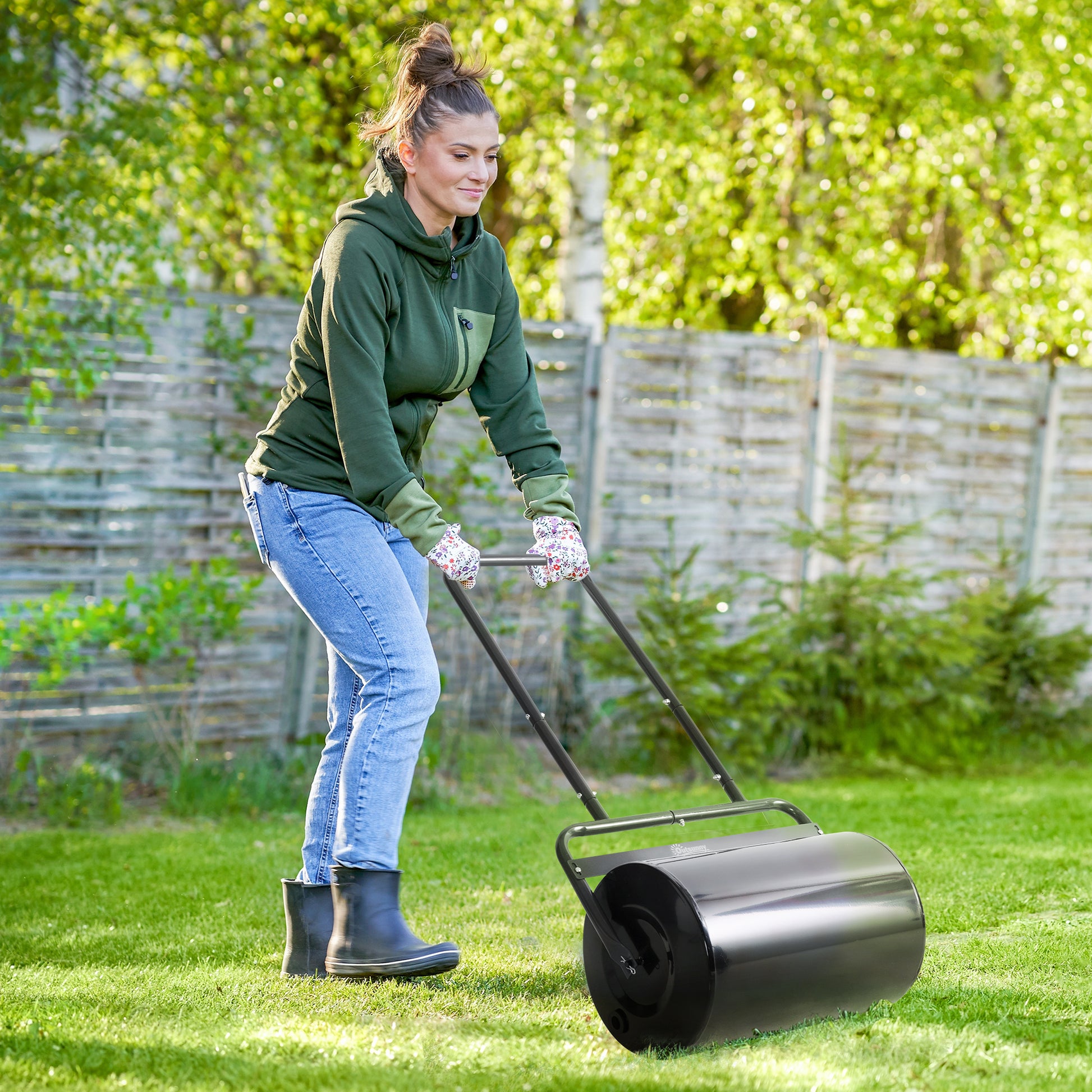 Outsunny Rodillo para Césped Ancho 58cm Ø32cm Rodillo de Césped de 38L Relleno de Arena o Agua con Mango en U para Jardín Granja Negro