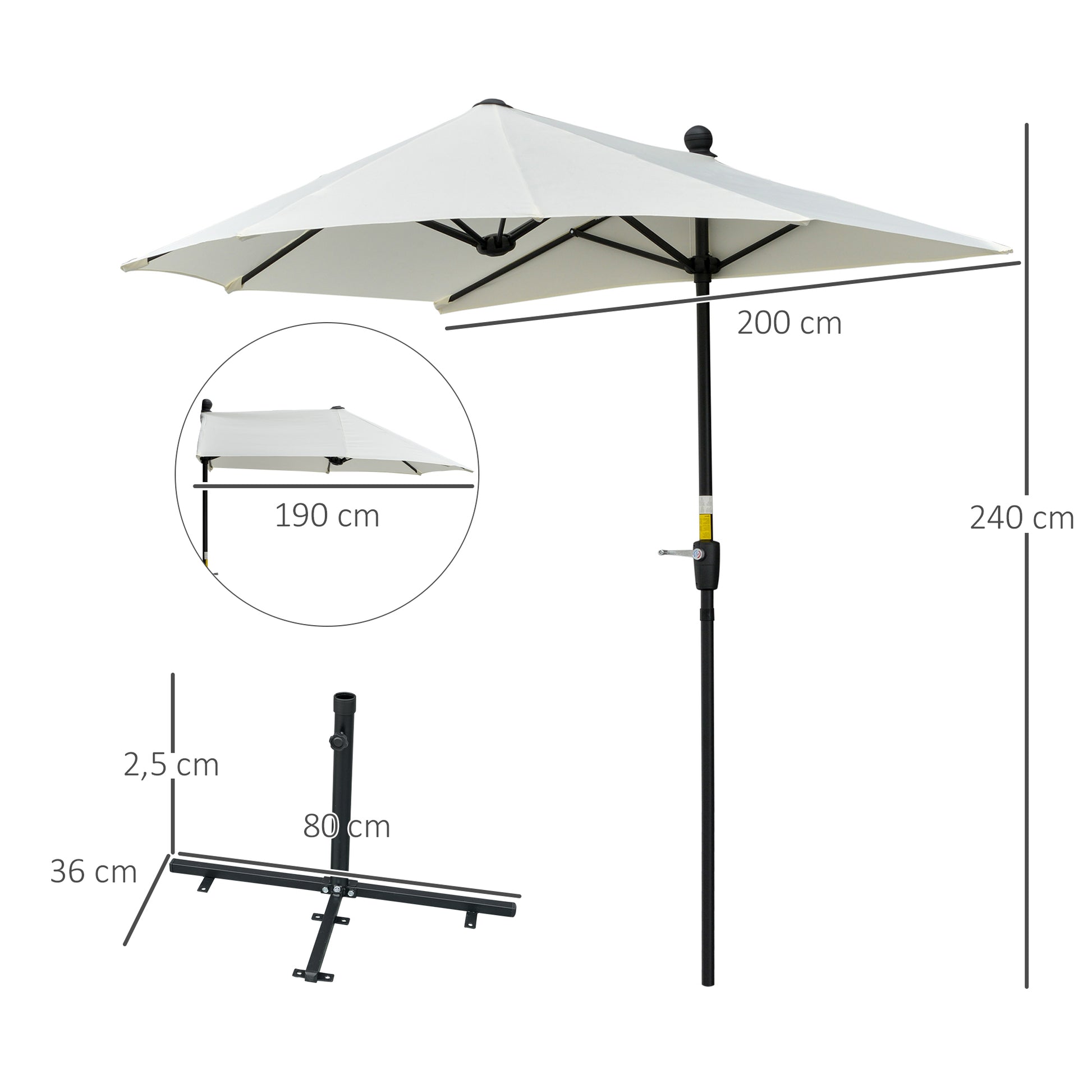 Outsunny Sombrilla de Pared de Jardín 200x190x240 cm Parasol de Terraza con Manivela Poste de Acero y Base Cruzada Anti-UV para Terraza Balcón Crema