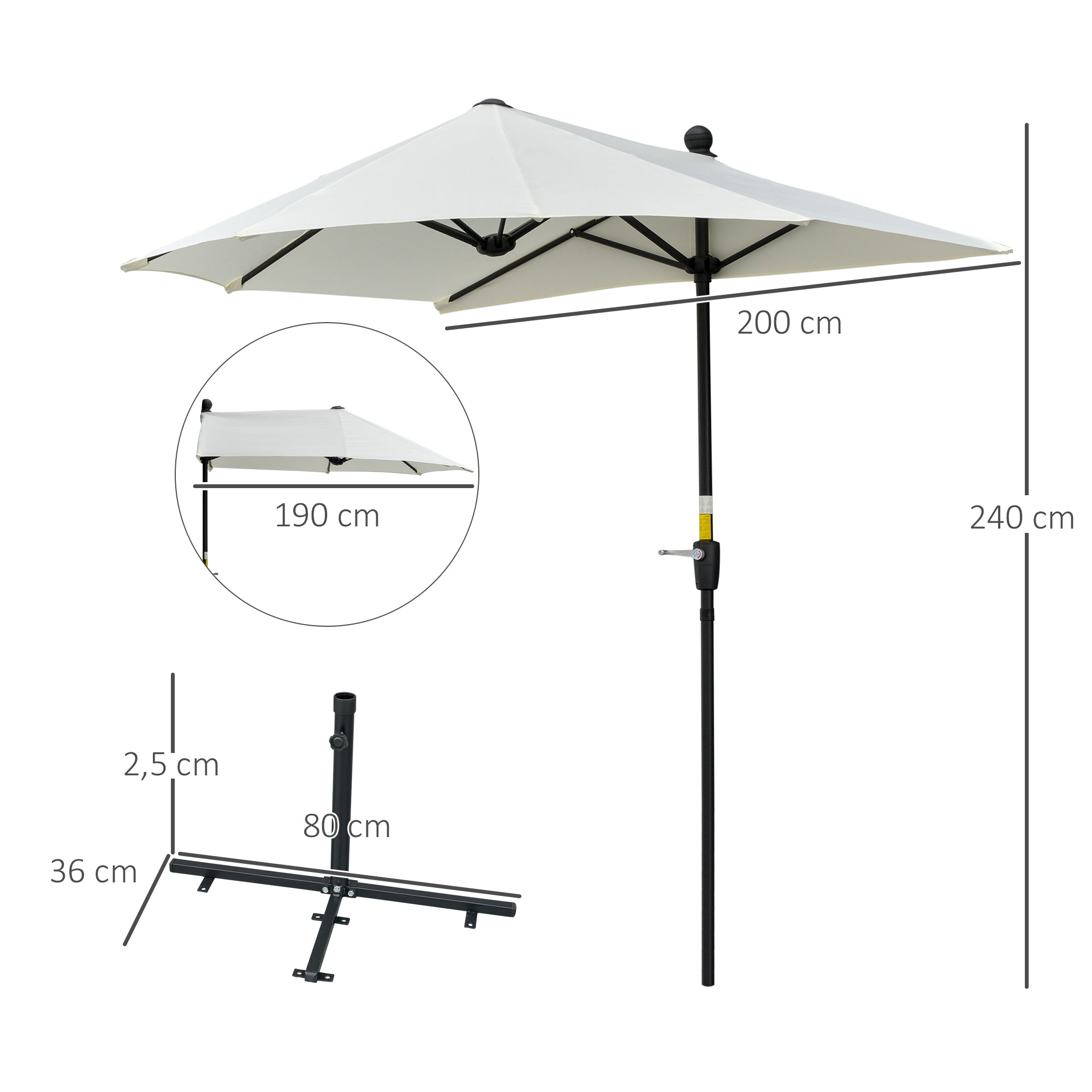 Outsunny Sombrilla de Pared de Jardín 200x190x240 cm Parasol de Terraza con Manivela Poste de Acero y Base Cruzada Anti-UV para Terraza Balcón Crema