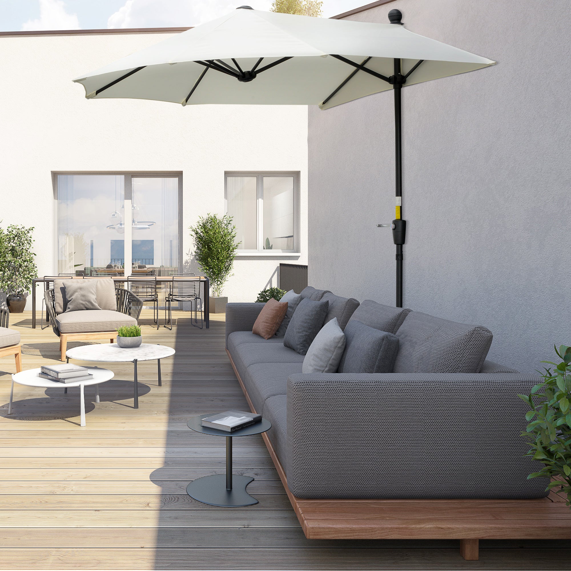 Outsunny Sombrilla de Pared de Jardín 200x190x240 cm Parasol de Terraza con Manivela Poste de Acero y Base Cruzada Anti-UV para Terraza Balcón Crema