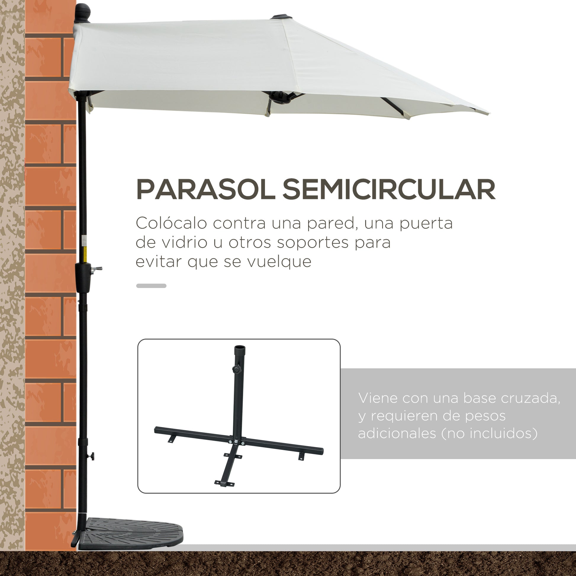 Outsunny Sombrilla de Pared de Jardín 200x190x240 cm Parasol de Terraza con Manivela Poste de Acero y Base Cruzada Anti-UV para Terraza Balcón Crema