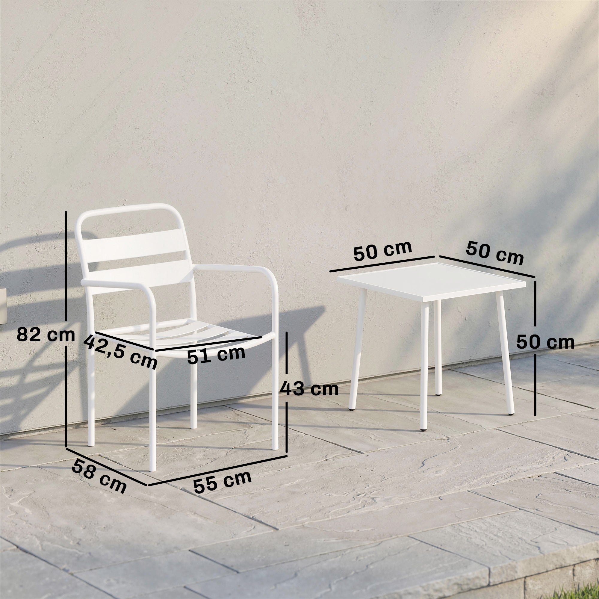Outsunny Conjunto de Jardín Exterior de 3 Piezas, Muebles Jardín Exterior de Acero Galvanizado con 2 Sillas y Mesa de Vidrio Templado, Resistente a la Intemperie, para Balcón, Patio, Blanco