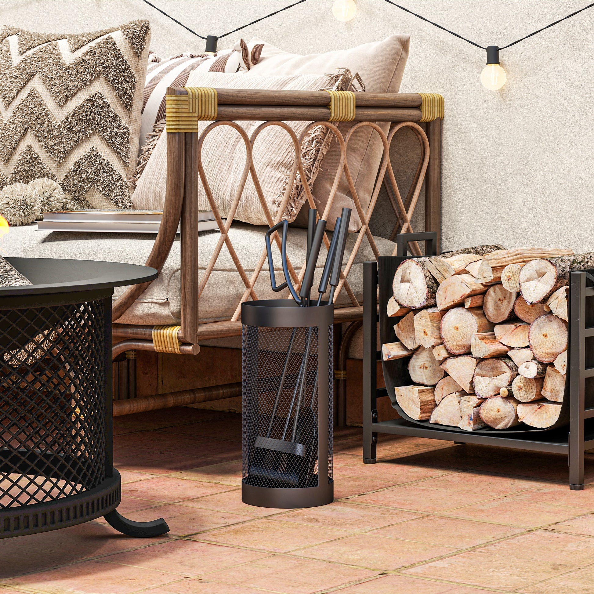 Outsunny Juego Utensilios Chimenea de 5 Piezas, Juego de Accesorios para Chimenea de Metal con Escoba, Pala, Tenazas, Atizador y Soporte, Ø16x33,5 cm, Negro