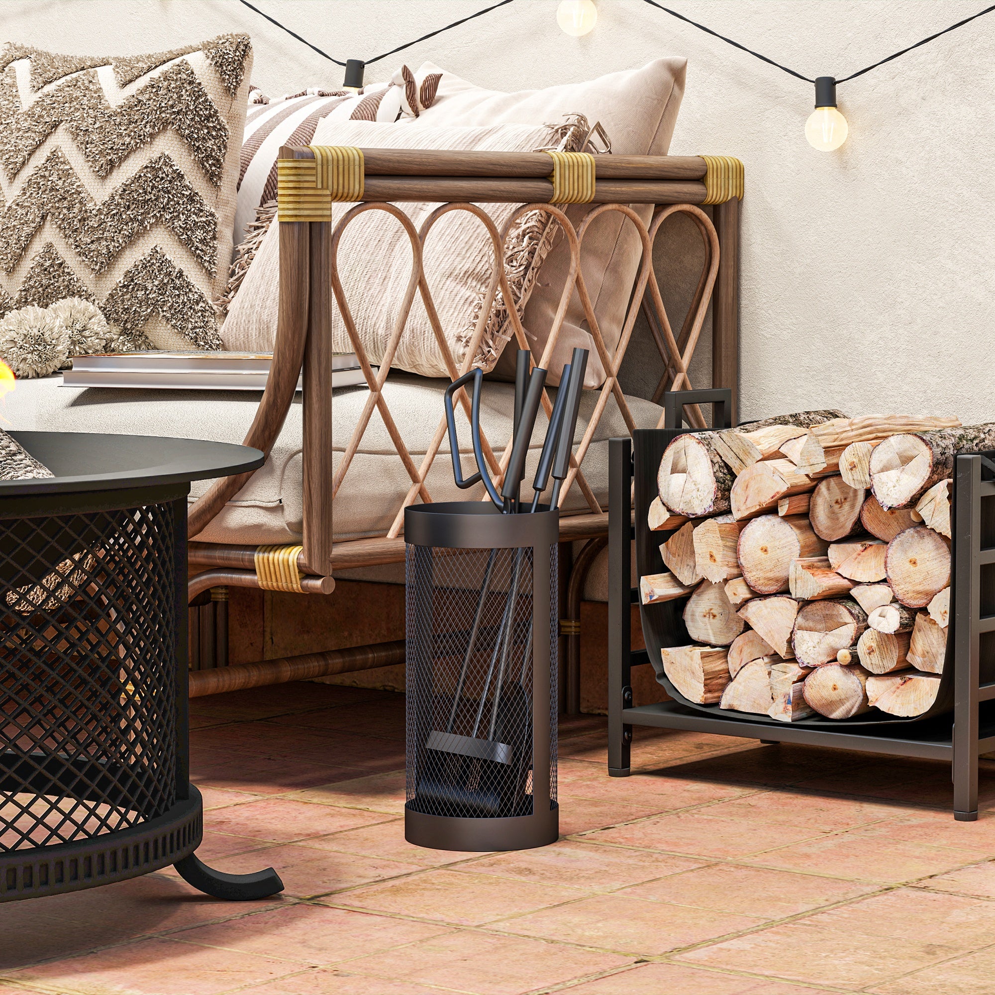 Outsunny Juego Utensilios Chimenea de 5 Piezas, Juego de Accesorios para Chimenea de Metal con Escoba, Pala, Tenazas, Atizador y Soporte, Ø16x33,5 cm, Negro