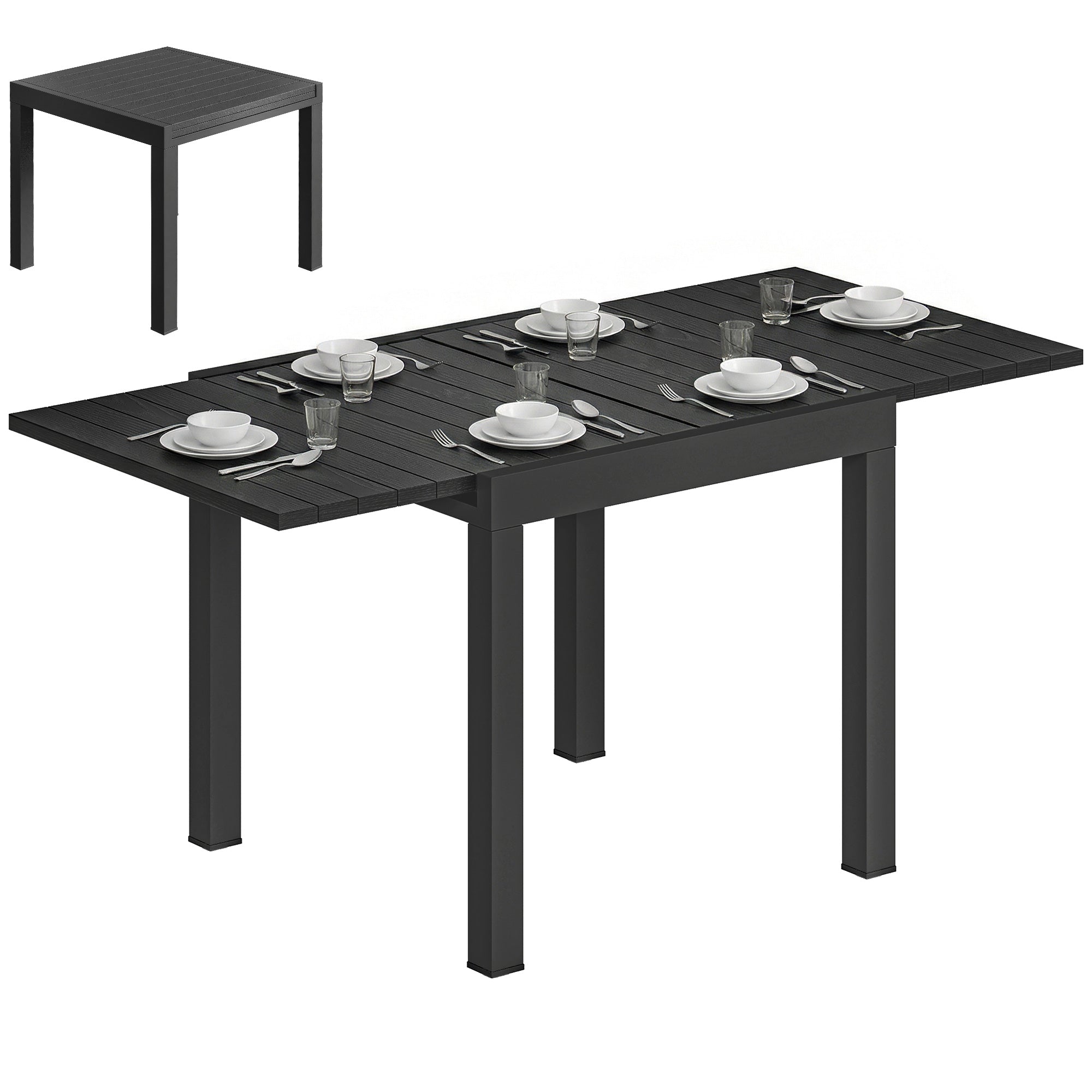 Outsunny Mesa de Jardín Extensible 80/160x80 cm, Mesa de Comedor Exterior Extensible Rectangular de Aluminio, con Superficie de Lamas de Efecto Madera, para 4-6 Personas, para Patio, Terraza, Negro