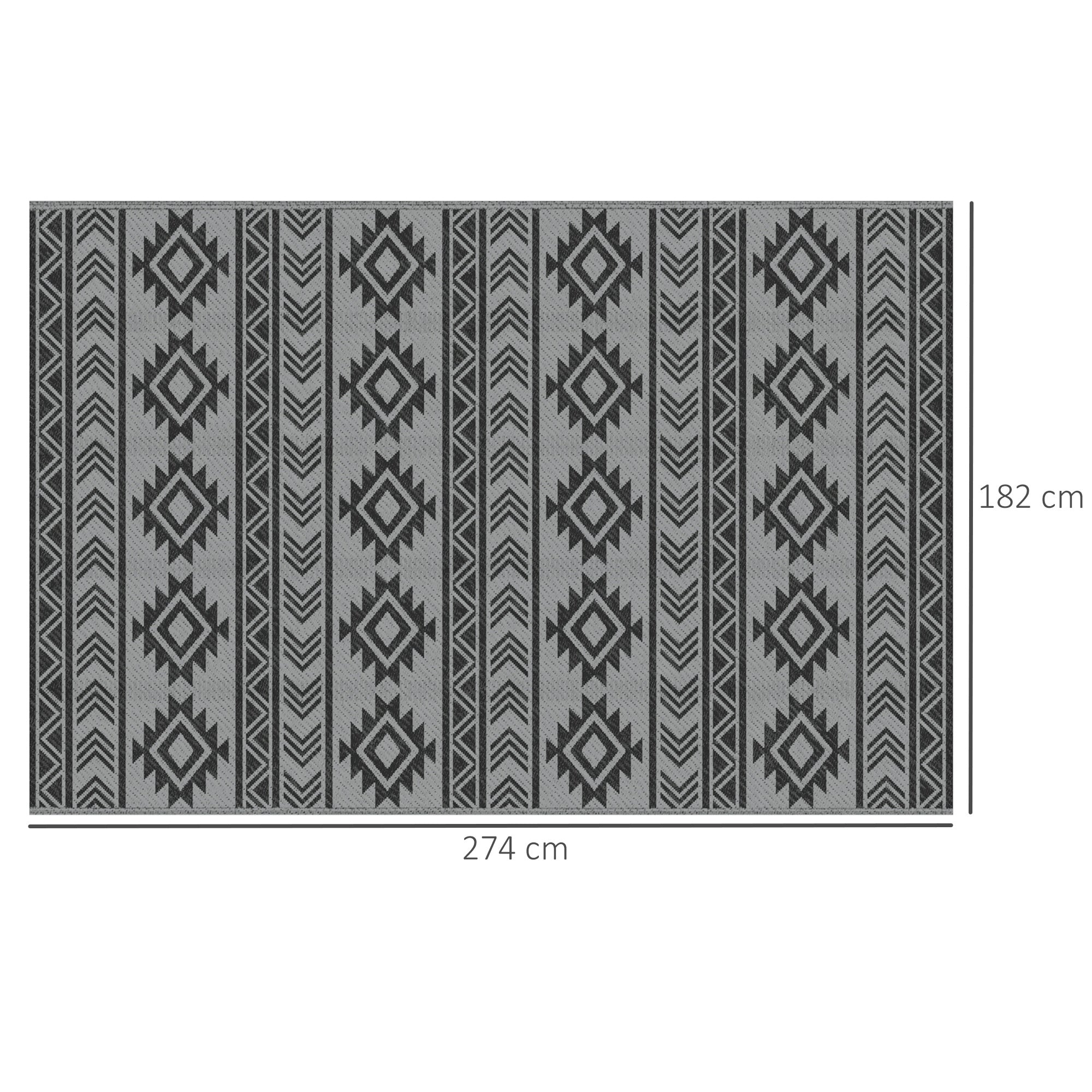 Outsunny Alfombra de Exterior, 182x274 cm, Alfombra Reversible con Patrón Geométrico, Impermeable, Anti-UV, para Terraza, Balcón, Patio, Camping, Viajes en Autocaravana, Negro y Gris Claro