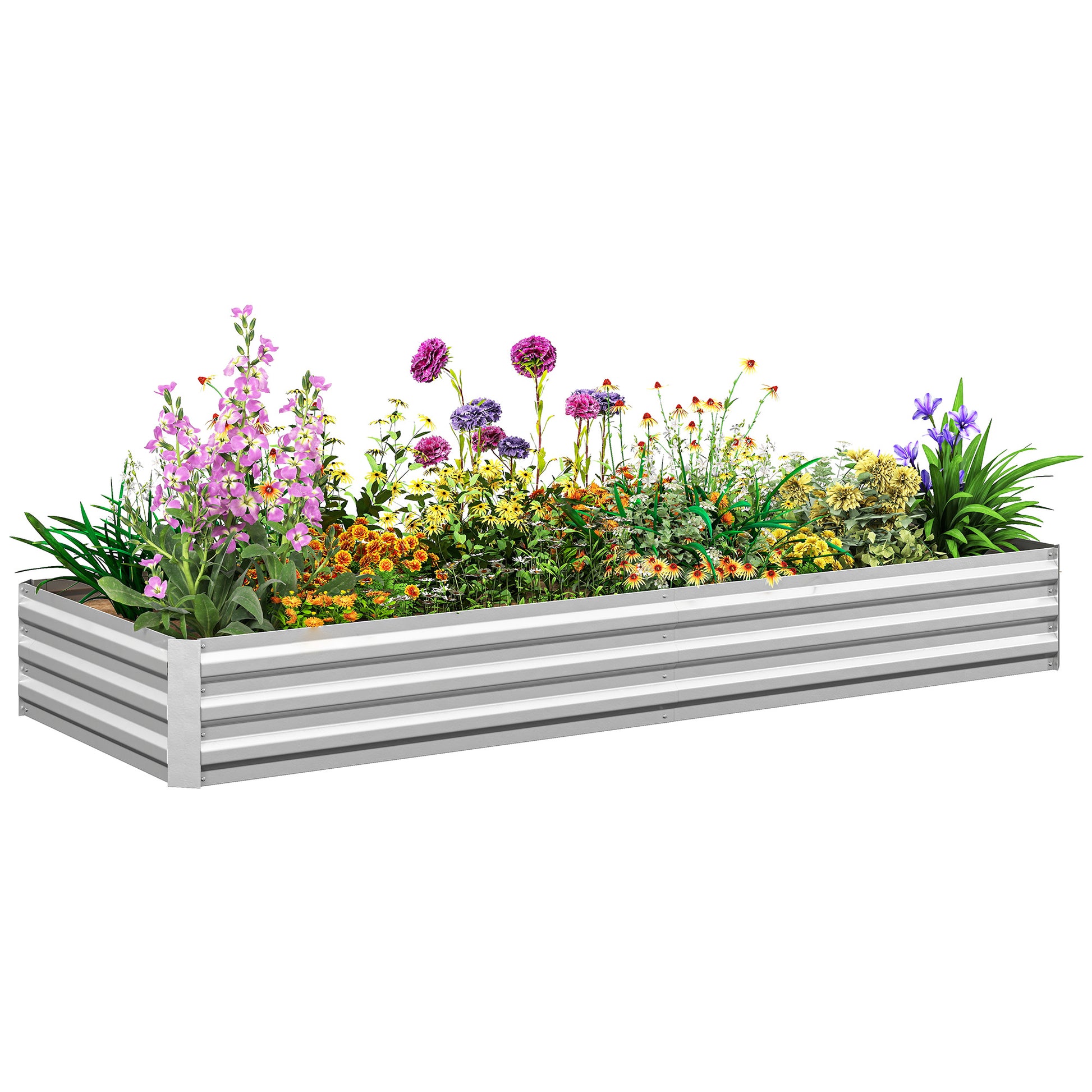 Outsunny Jardinera Exterior Grande Rectangular de Acero Galvanizado, Huerto Urbano para Cultivar Plantas, Macetero Grande Exterior con Base Abierta, Resistente a la Intemperie, 241x90,5x30 cm, Plata
