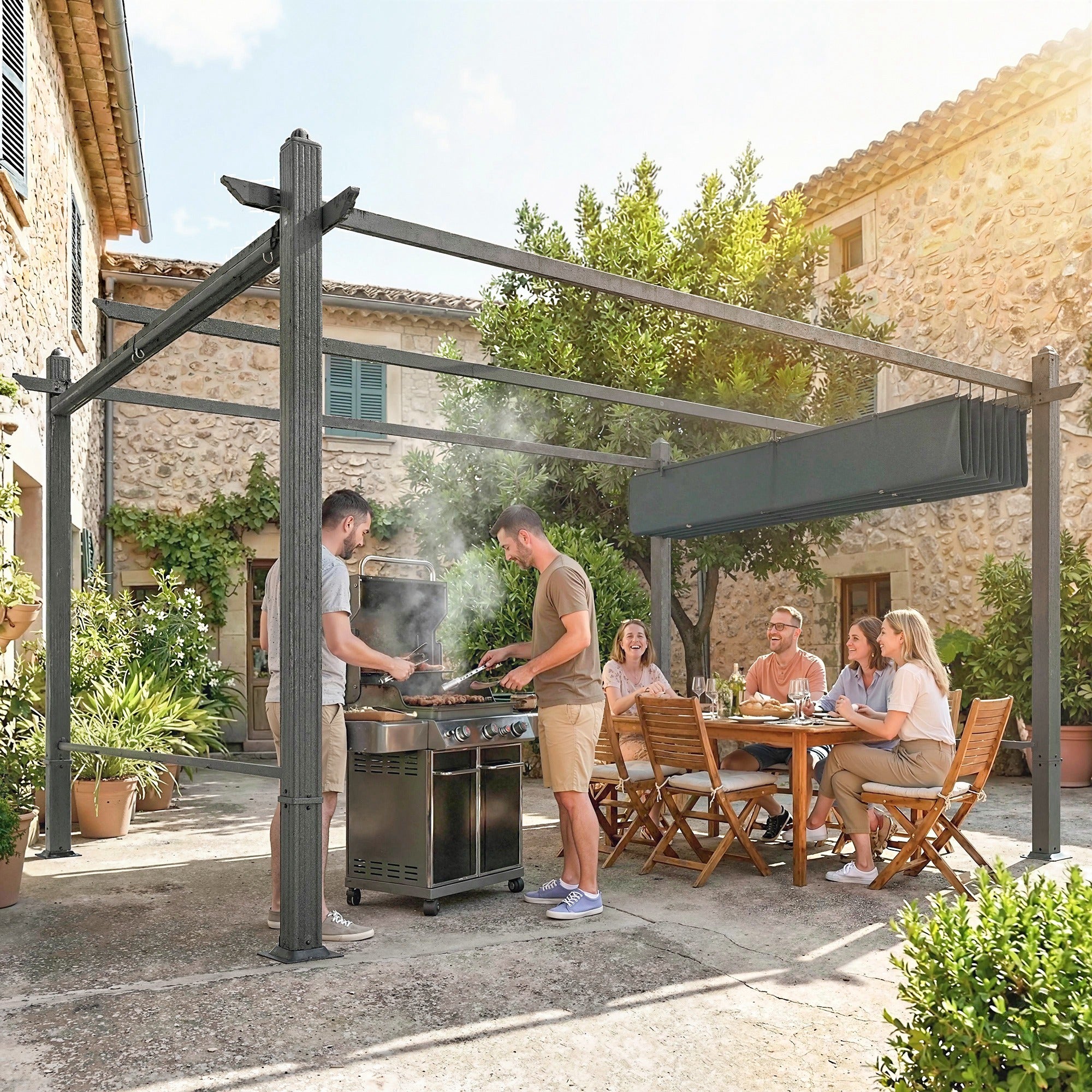 Outsunny Pérgola de Jardín 4x3 m con Techo Retráctil y 4 Cortinas Enrollables Automáticas, Cenador de Jardín con Protección UV50+, Estructura de Aluminio, Drenaje, Pabellón para Exterior, Gris Oscuro