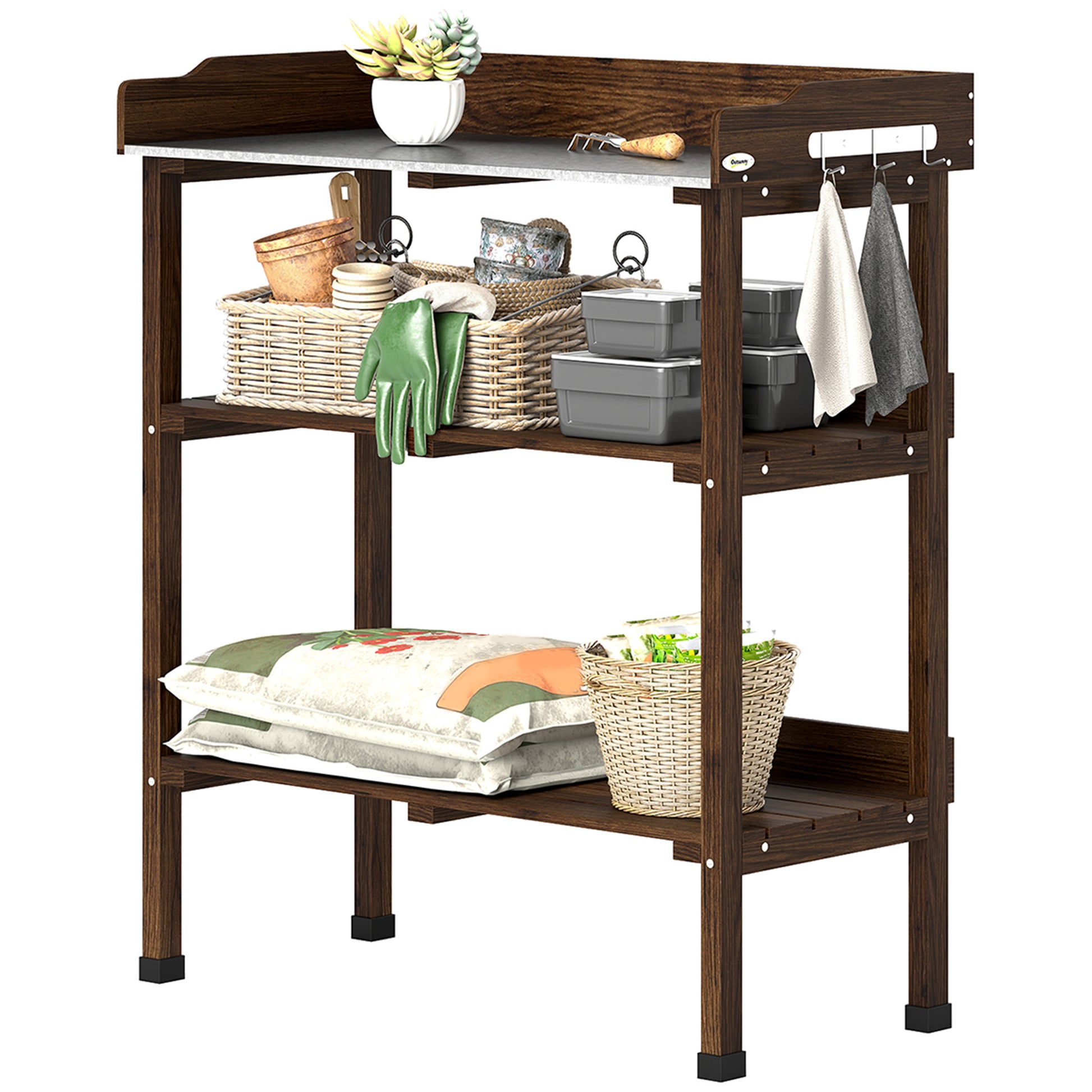 Outsunny Mesa de Plantación de Madera de 3 Niveles, Mesa de Jardinería con Placa Metálica, 2 Estantes y Ganchos, Resistente a la Intemperie, para Jardín, Terraza, Balcón, 76x37x89 cm, Carbonizado