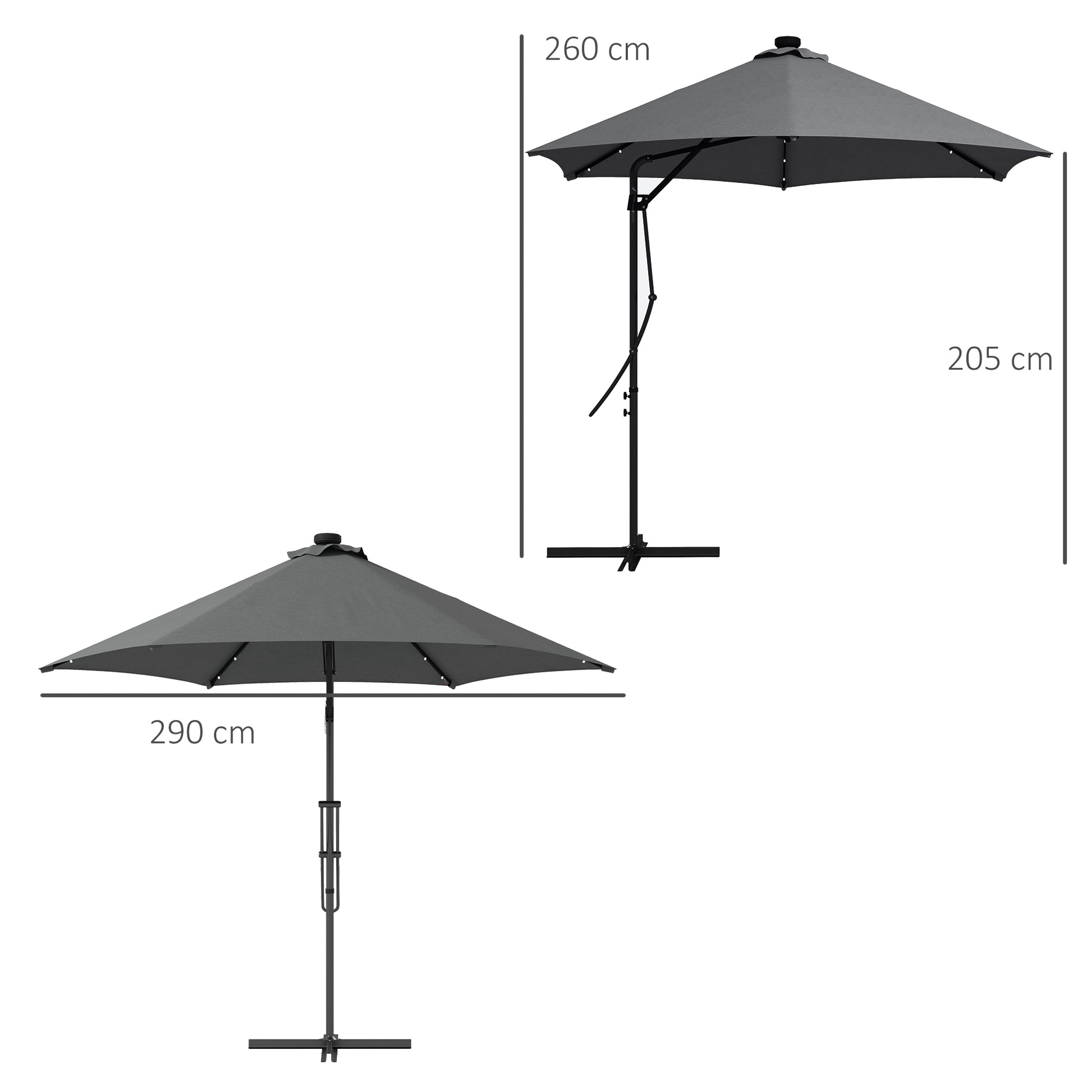 Outsunny Sombrilla Voladiza de 3 m con Luces LED Sombrilla de Jardín con Manivela y Base Cruzada Parasol Excéntrico para Exterior Patio Terraza Gris Oscuro