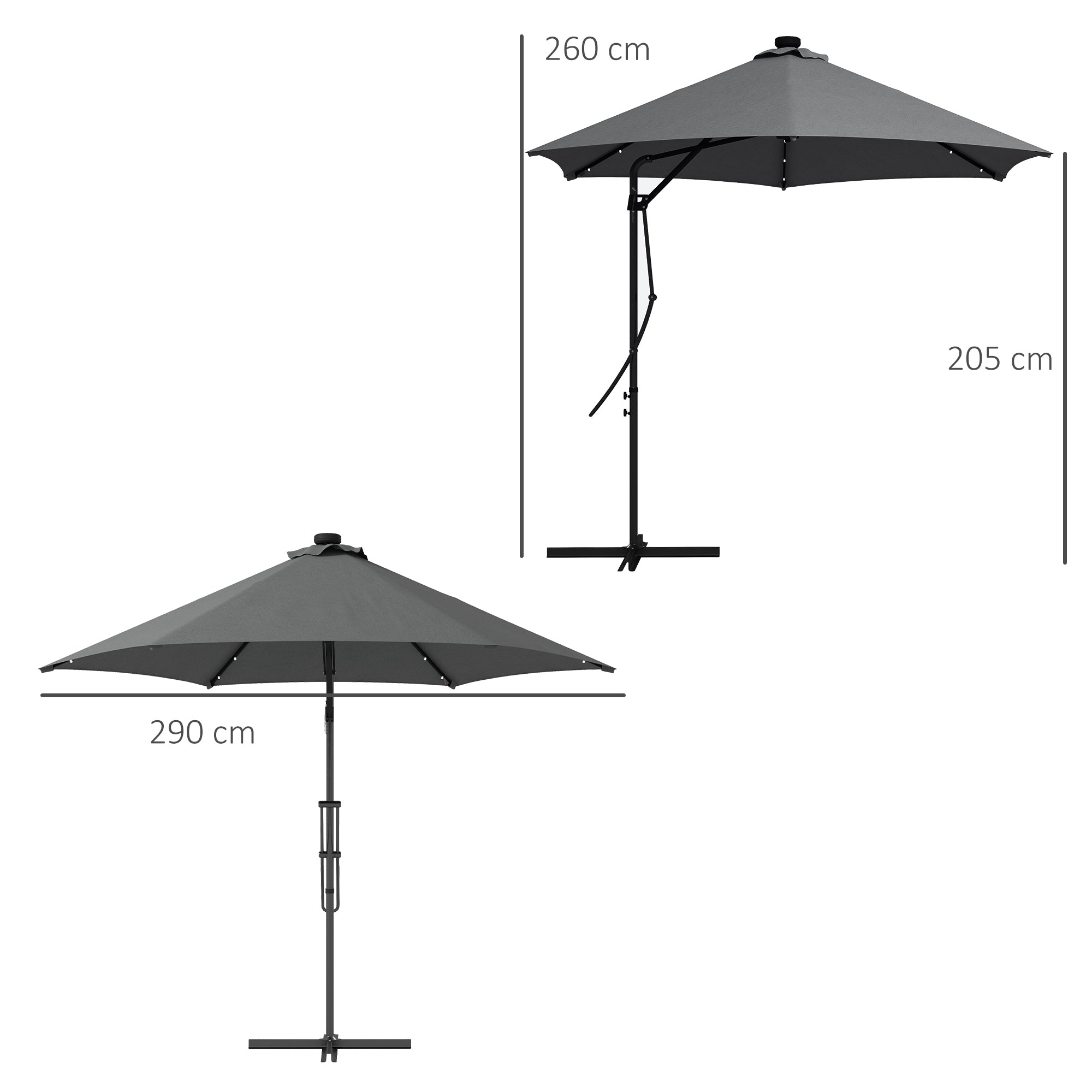 Outsunny Sombrilla Voladiza de 3 m con Luces LED Sombrilla de Jardín con Manivela y Base Cruzada Parasol Excéntrico para Exterior Patio Terraza Gris Oscuro