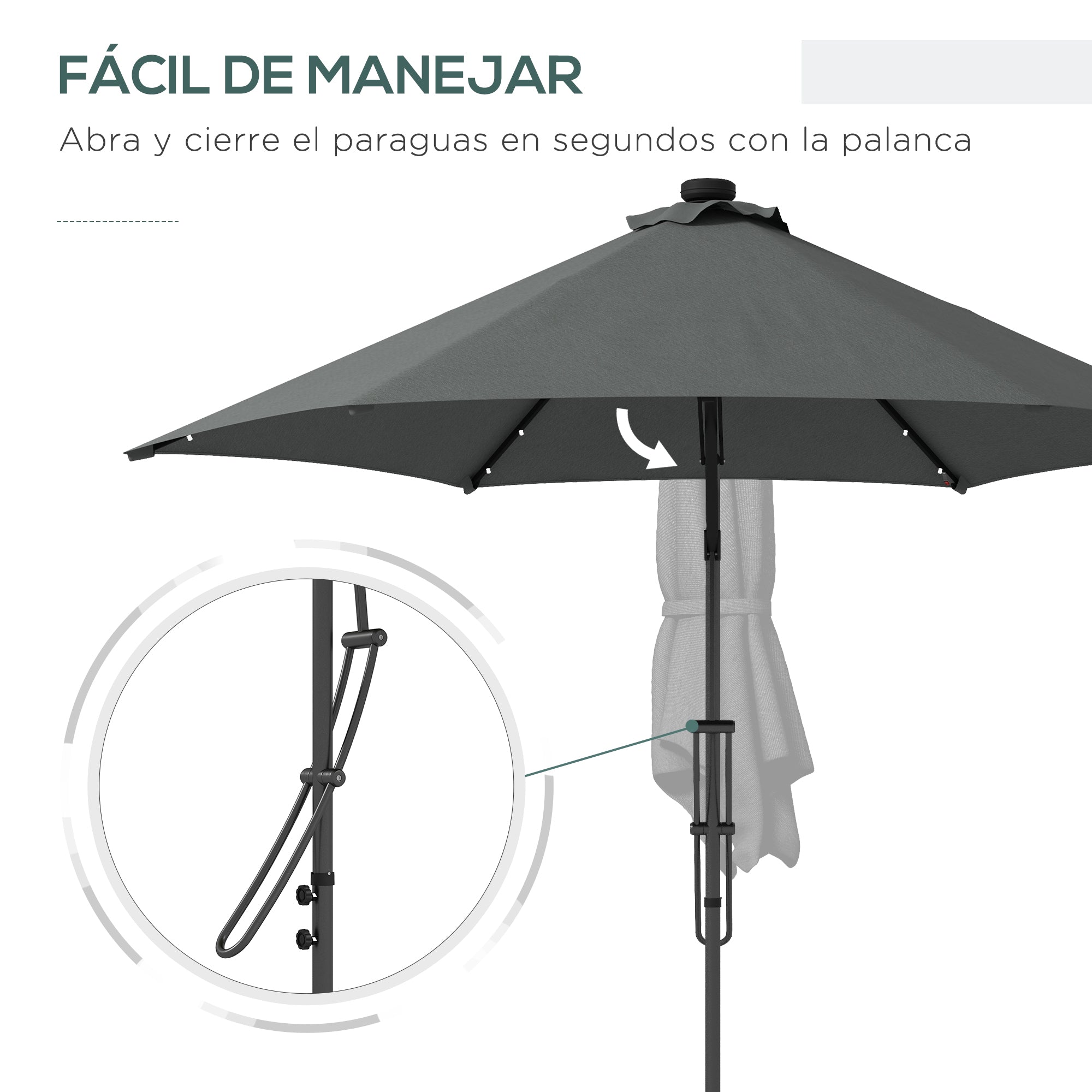 Outsunny Sombrilla Voladiza de 3 m con Luces LED Sombrilla de Jardín con Manivela y Base Cruzada Parasol Excéntrico para Exterior Patio Terraza Gris Oscuro