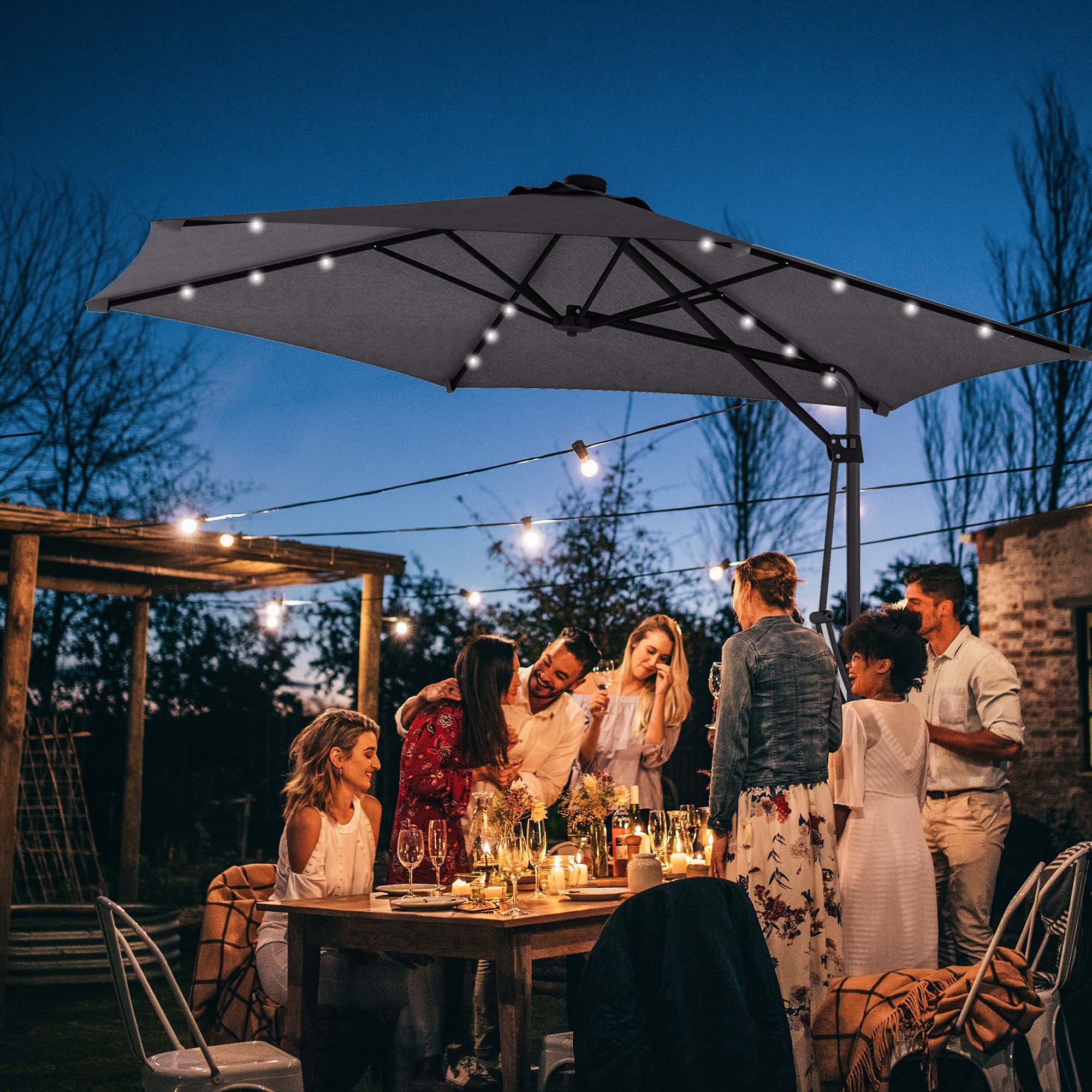 Outsunny Sombrilla Voladiza de 3 m con Luces LED Sombrilla de Jardín con Manivela y Base Cruzada Parasol Excéntrico para Exterior Patio Terraza Gris Oscuro