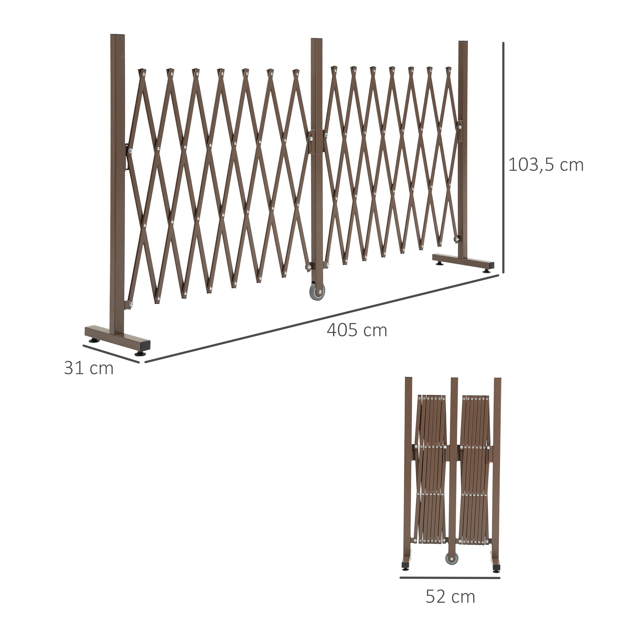 Outsunny Valla de Jardín Exterior de Aleación de Aluminio Valla Metálica Extensible con Rueda para Decoración Terraza Patio 405x31x103,5 cm Café Oscuro