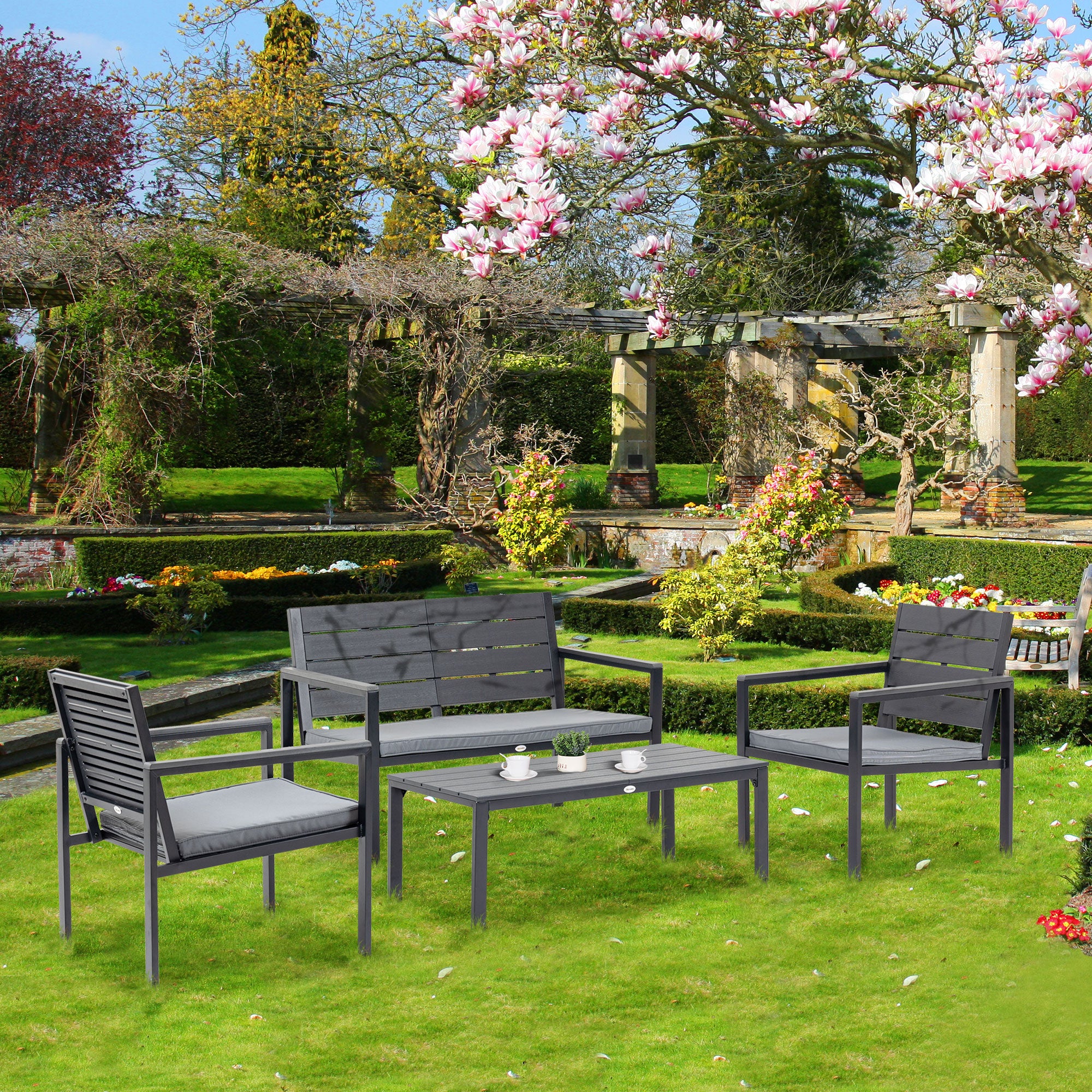 Outsunny Conjunto de Muebles de Jardín 4 Piezas Mesa de Centro Banco de 2 Plazas y 2 Sillas con Cojines Desenfundables y Marco de Metal HDPE para Terraza Exterior 113x65x78 cm Gris