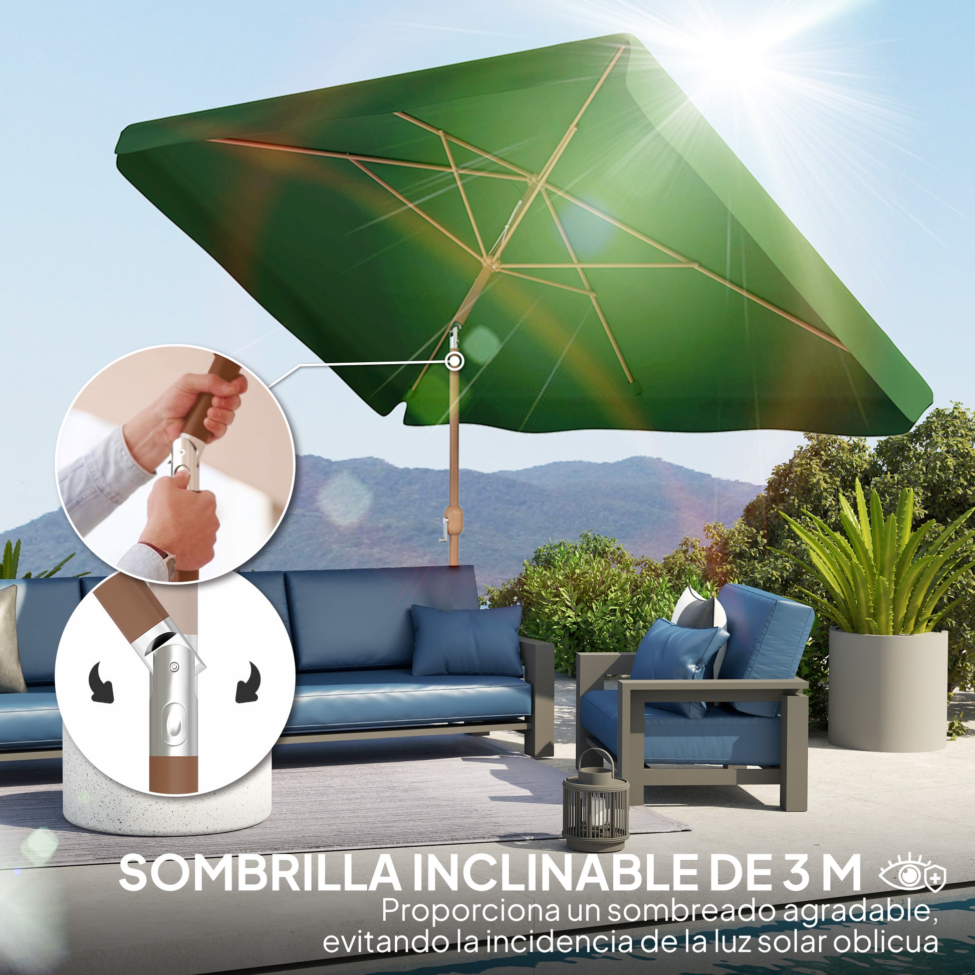 Outsunny Sombrilla de Terraza Exterior 300x200 cm Parasol de Terraza Exterior con Ángulo Ajustable Mástil de Aluminio Manivela y Protección UV 50+ Sombrilla para Jardín Patio Verde Oscuro