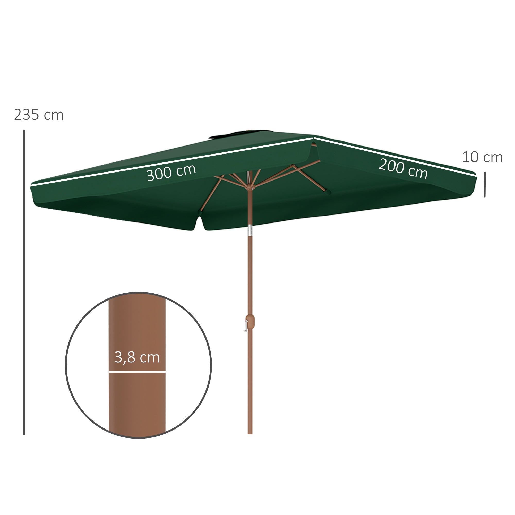 Outsunny Sombrilla de Terraza Exterior 300x200 cm Parasol de Terraza Exterior con Ángulo Ajustable Mástil de Aluminio Manivela y Protección UV 50+ Sombrilla para Jardín Patio Verde Oscuro