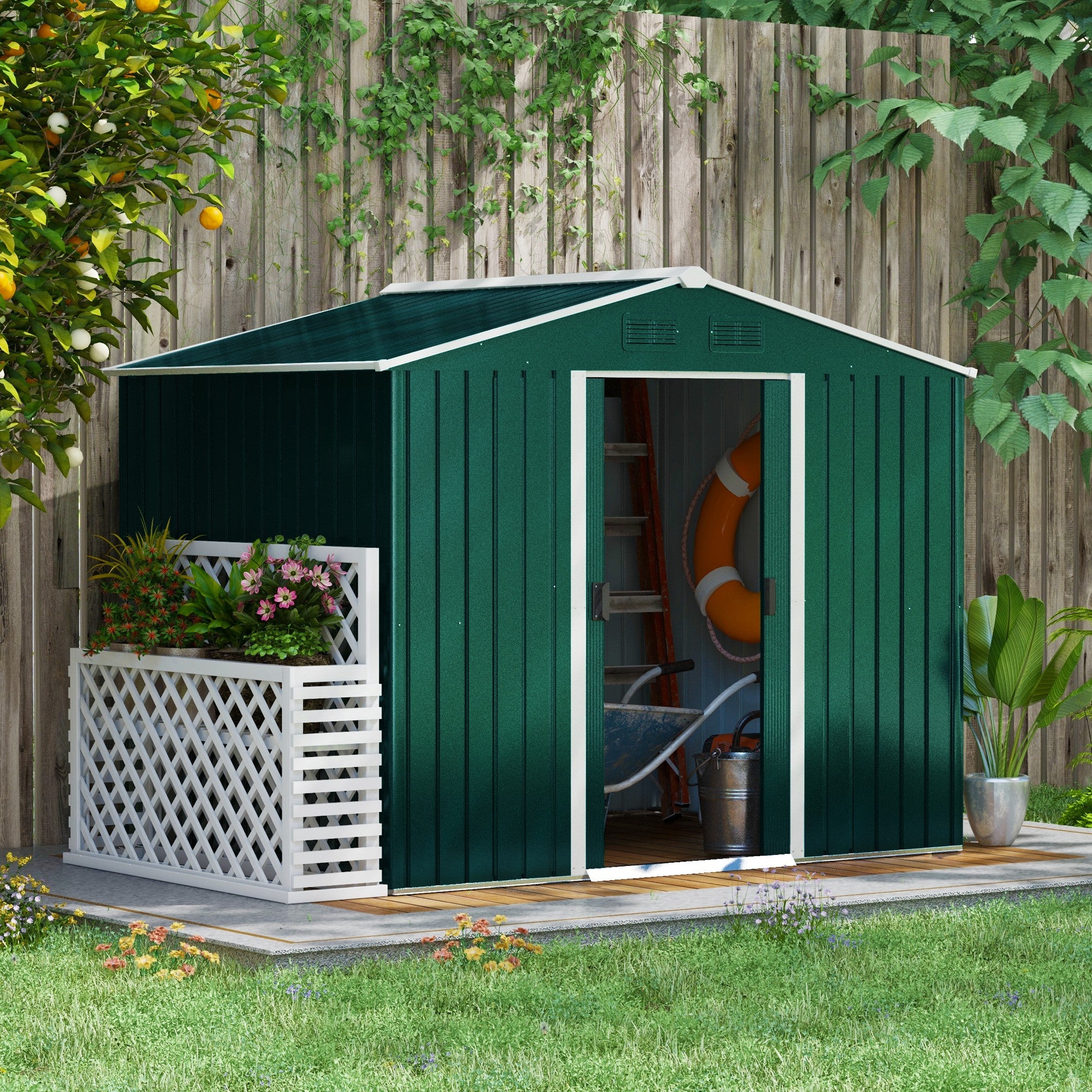 Outsunny Caseta de Jardín Exterior 3,6 m² 236x174x190 cm Cobertizo de Jardín Exterior con 2 Puertas Correderas Techo Inclinado y 4 Ventanas para Patio Terraza Verde